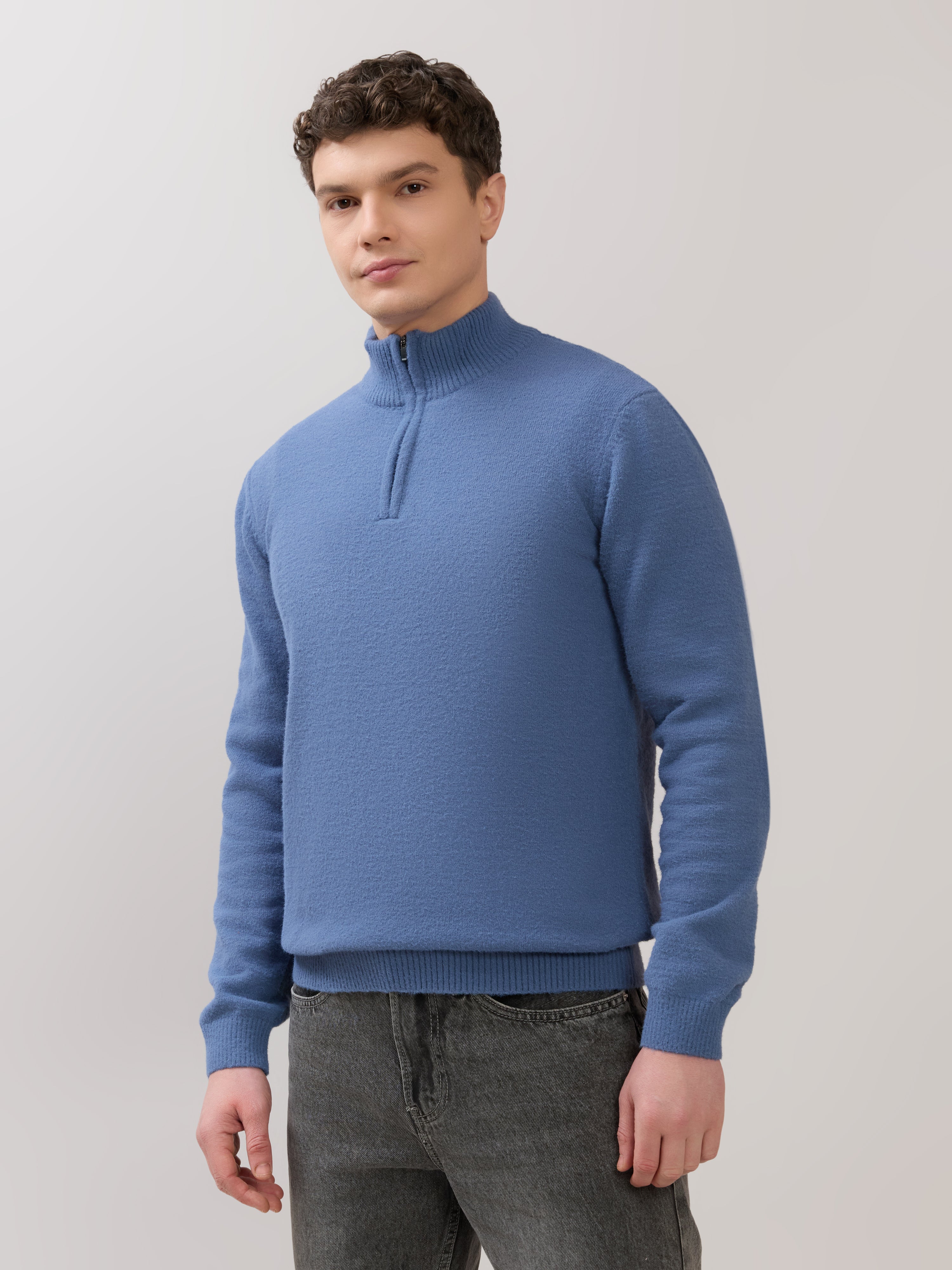 Zoro-2 - Regular Half-Zip High Neck Sweater - Blue