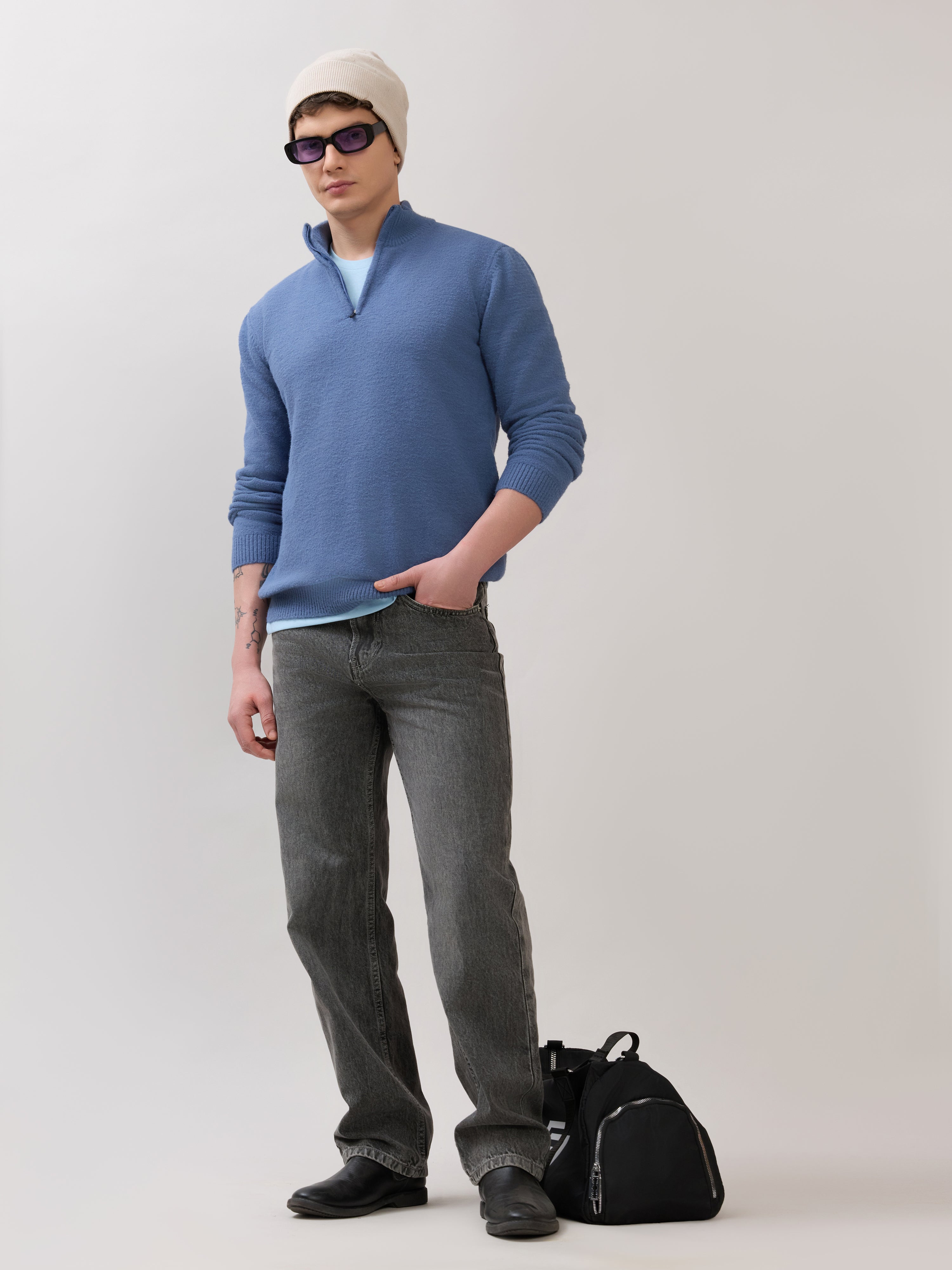 Zoro-2 - Regular Half-Zip High Neck Sweater - Blue