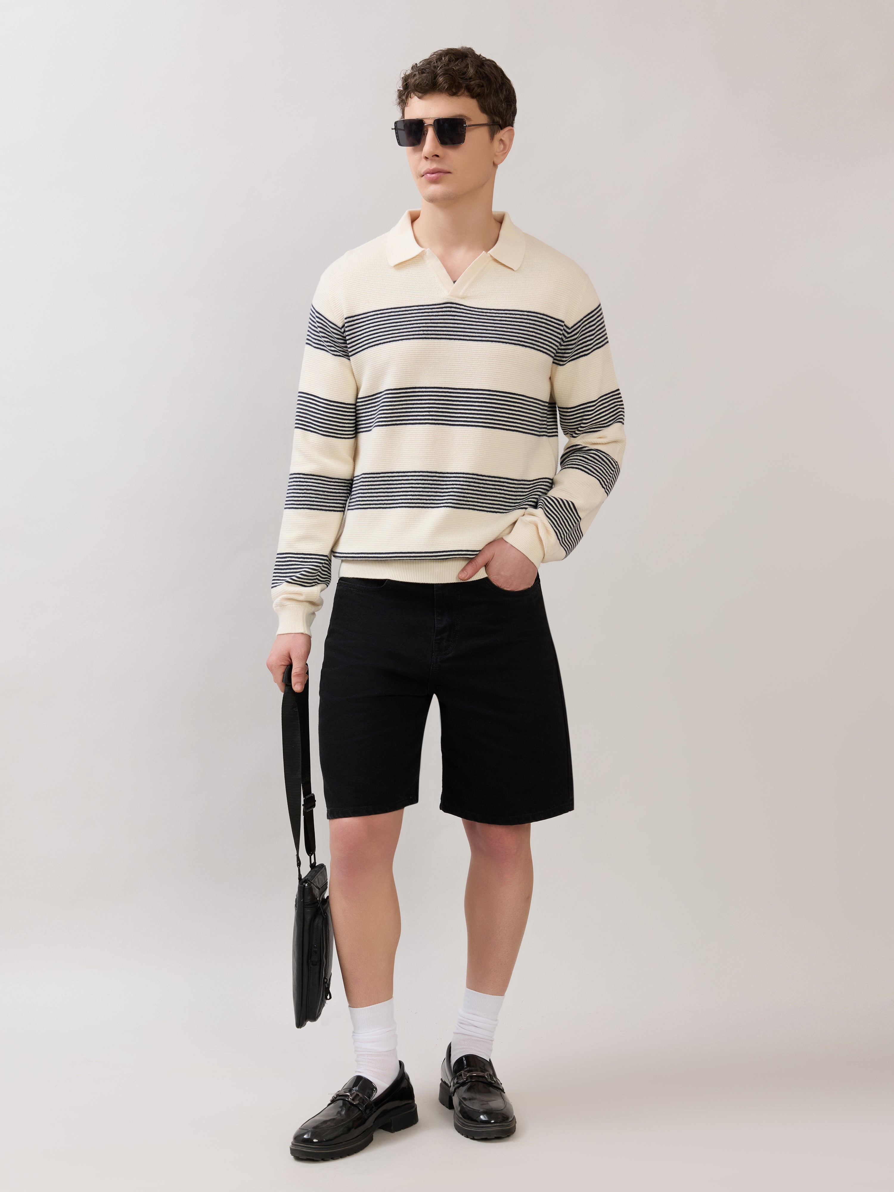 Sepia - Regular Striped Full Sleeve Polo T-Shirt - Cream