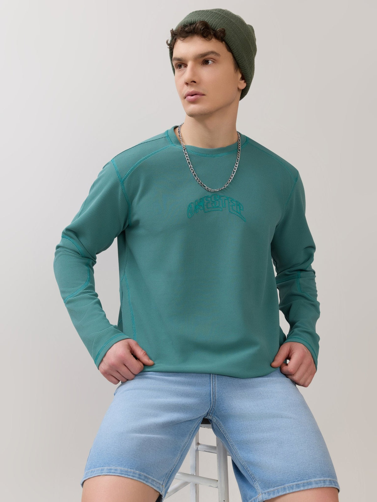 Kinoia - Onstep Printed Contrast-Stitch Relaxed Sweatshirt - Teal Blue - Espanshe