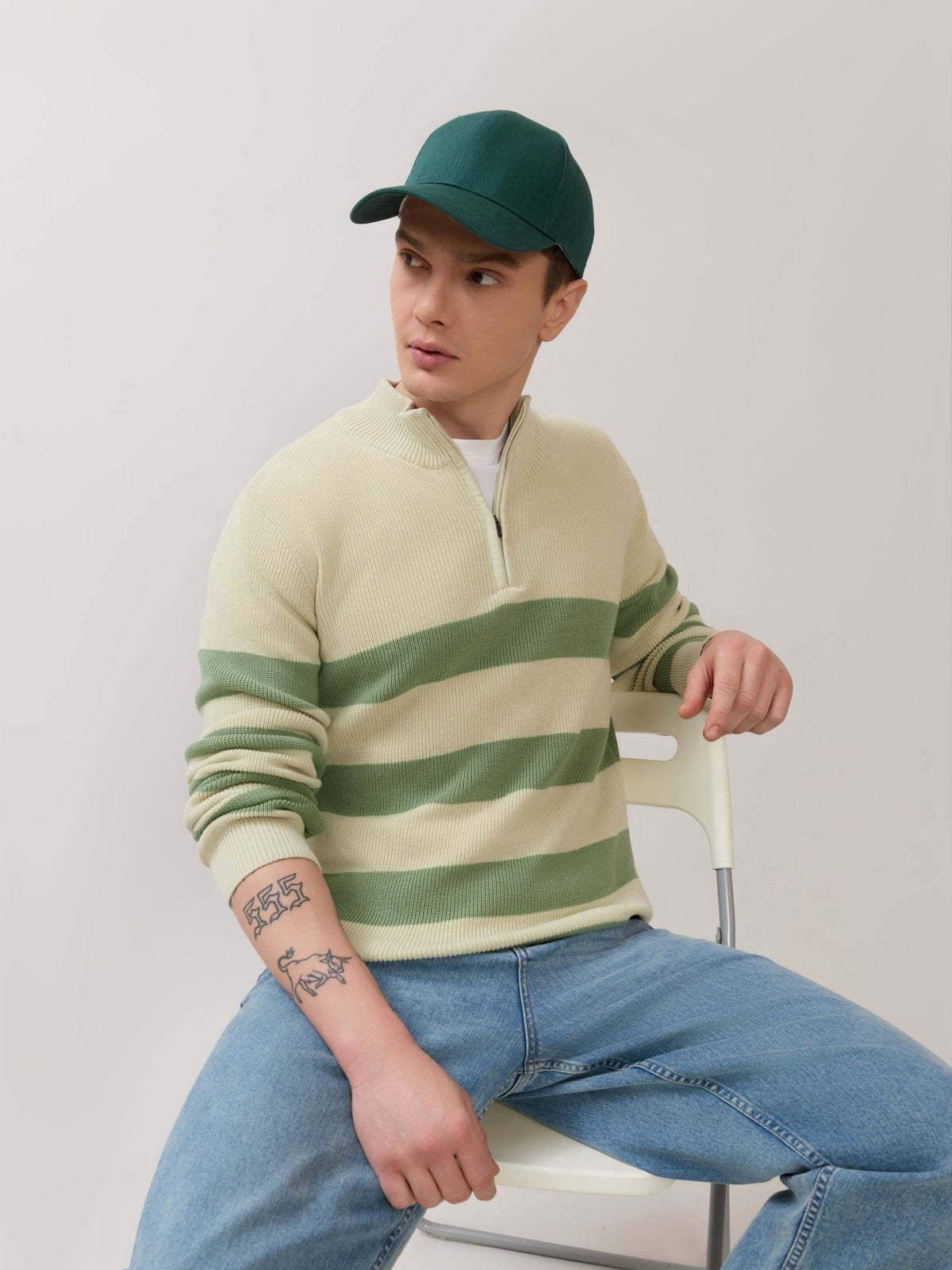 Zoro-1 - Regular Striped Half-Zip Sweater - Green - Espanshe