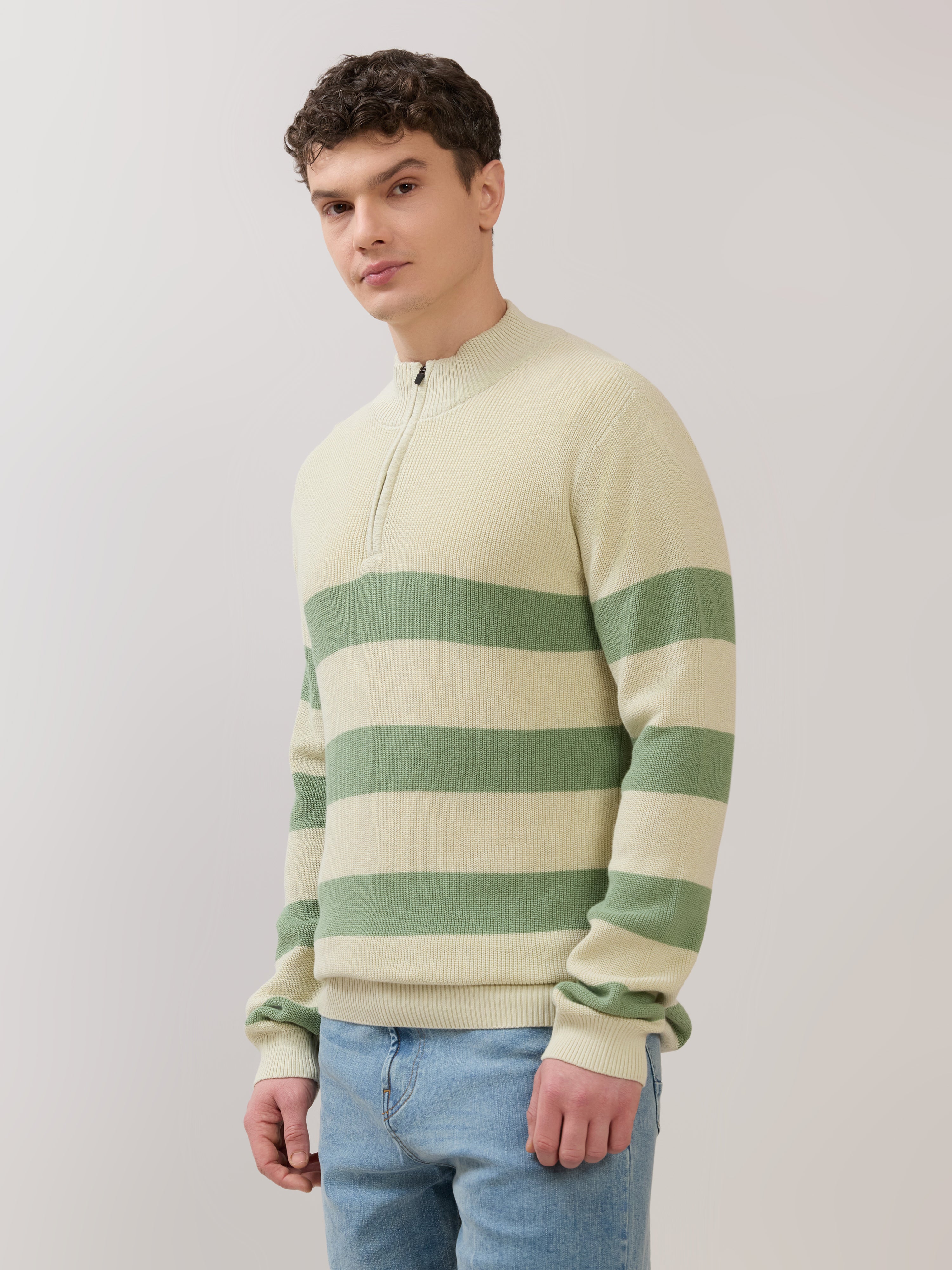 Zoro-1 - Regular Striped Half-Zip Sweater - Green