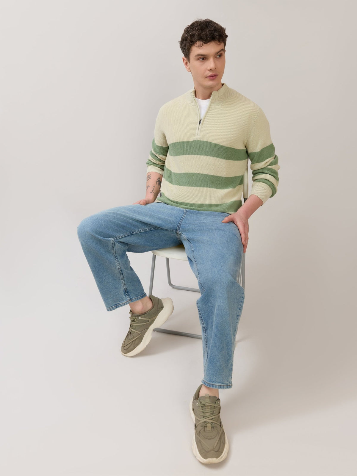 Zoro-1 - Regular Striped Half-Zip Sweater - Green - Espanshe