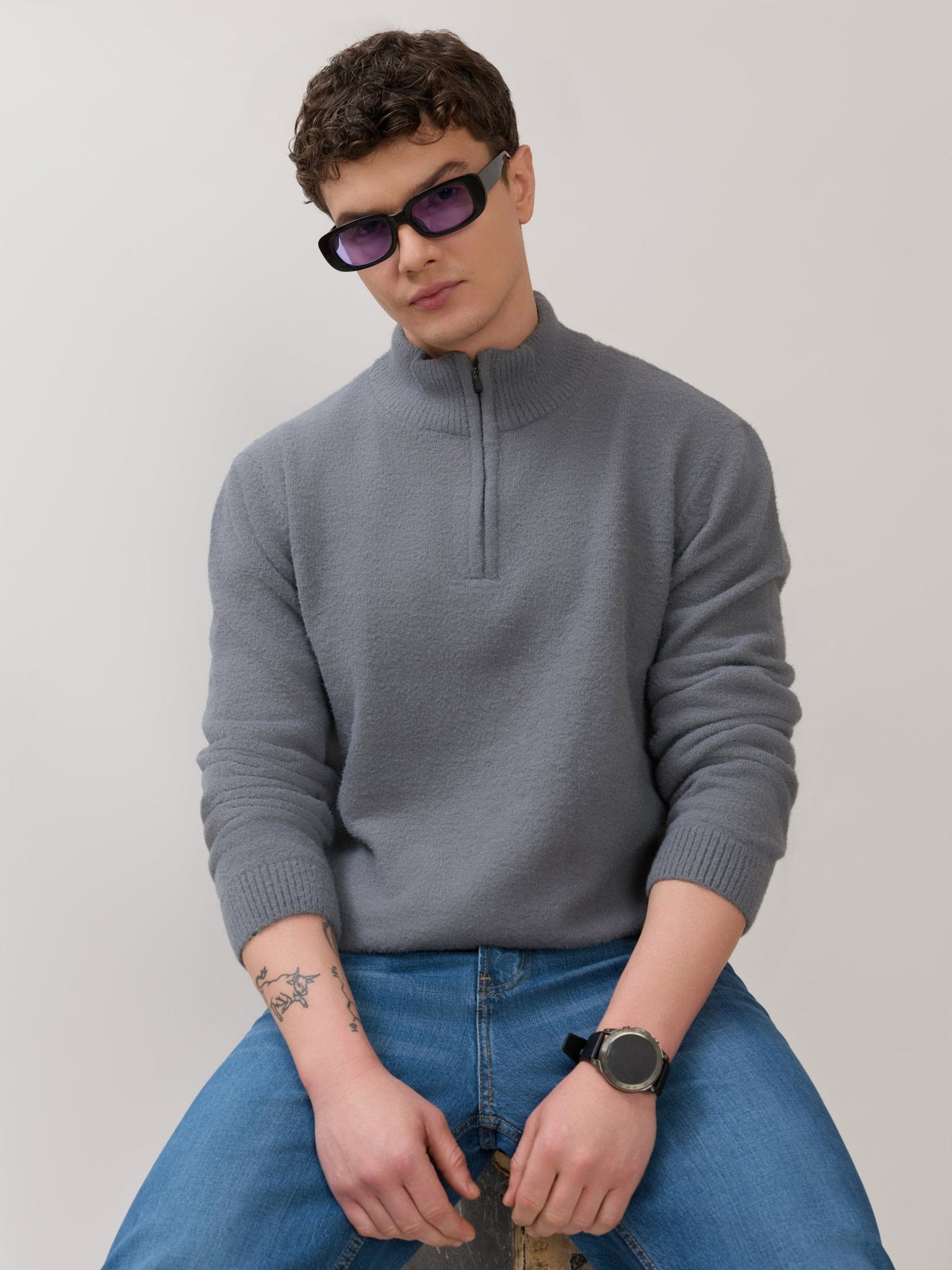 Zoro-2 - Regular Half-Zip High Neck Sweater - Grey - Espanshe