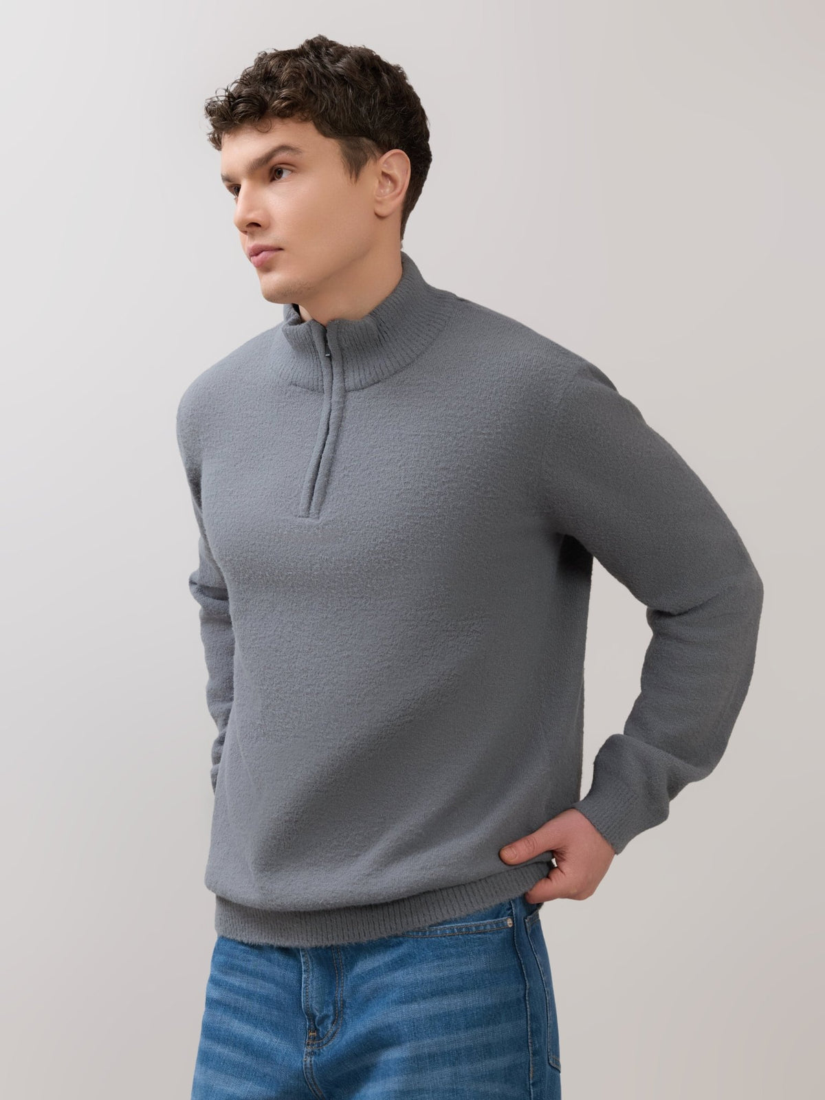 Zoro-2 - Regular Half-Zip High Neck Sweater - Grey - Espanshe