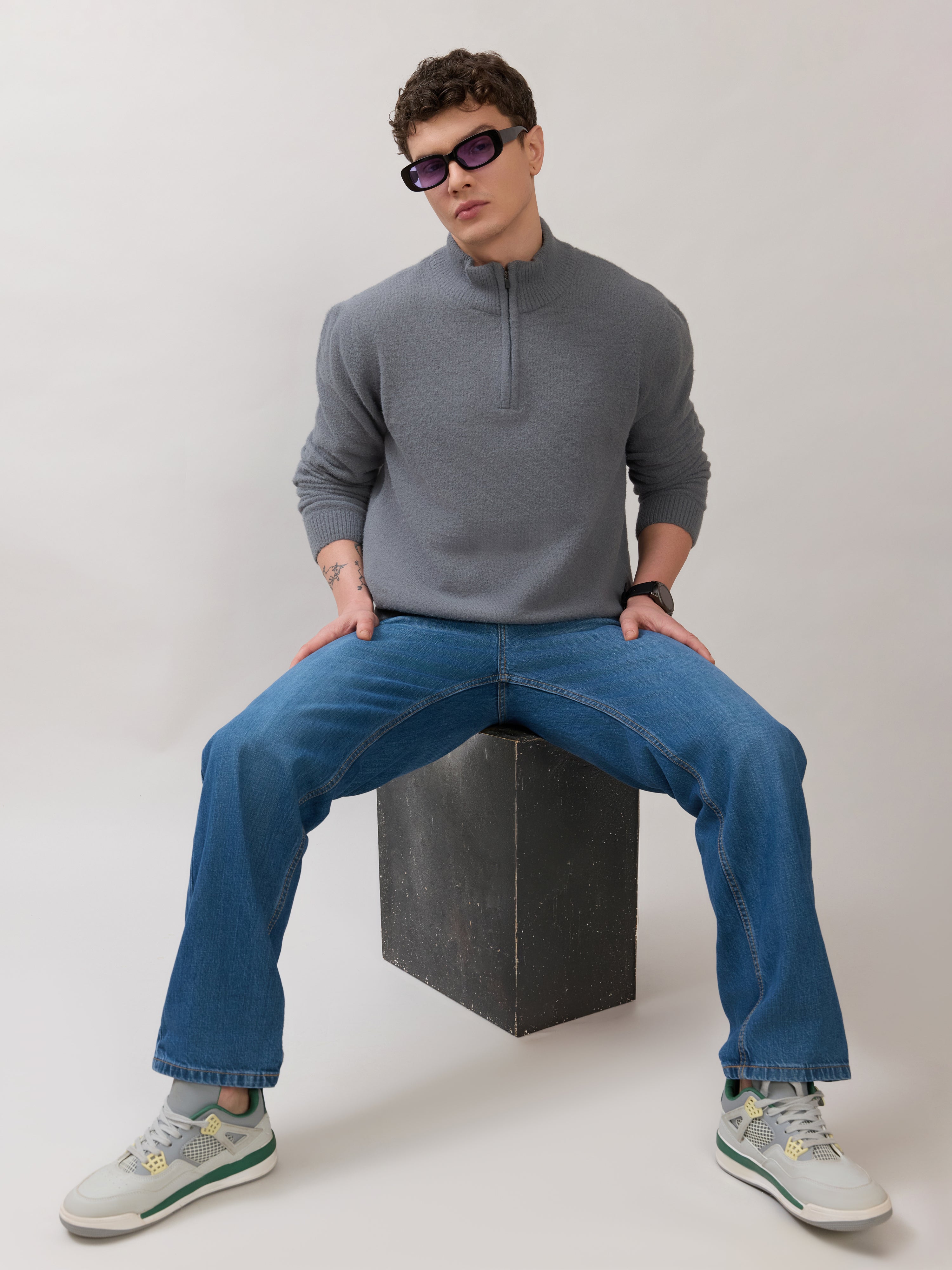 Zoro-2 - Regular Half-Zip High Neck Sweater - Grey