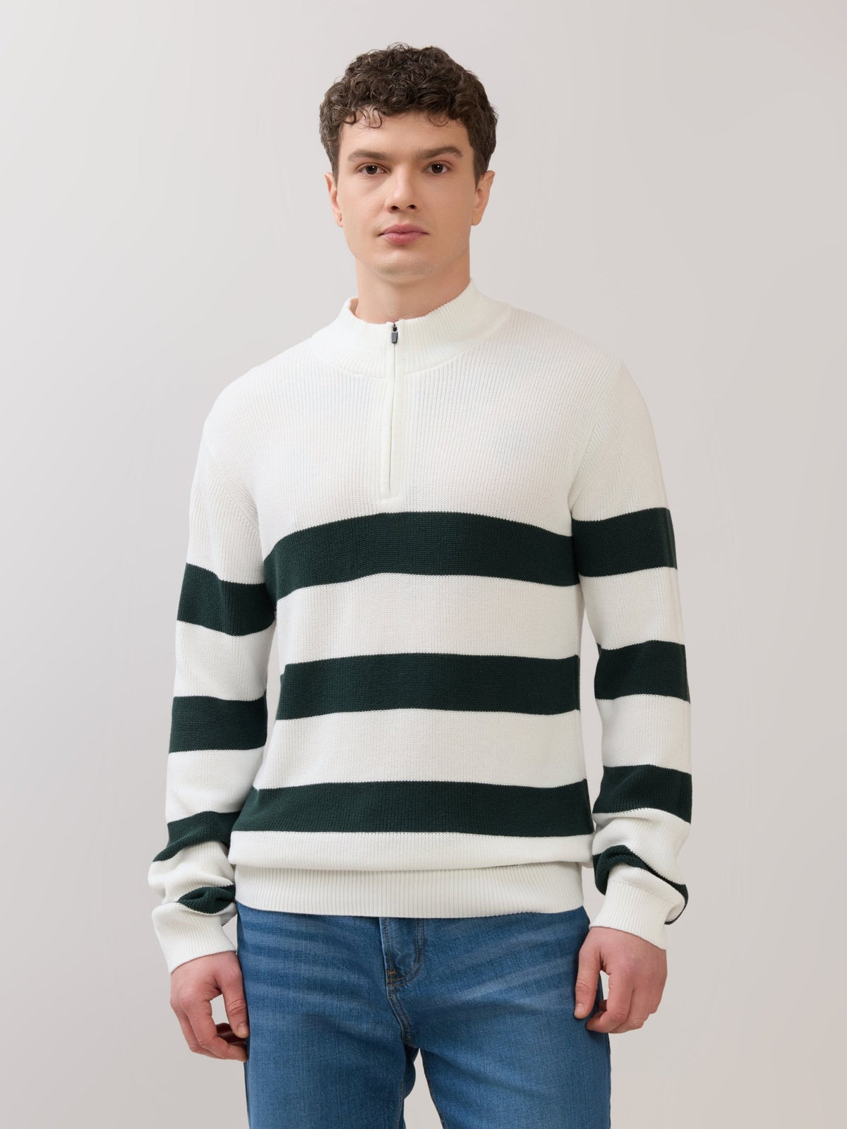 Zoro-1 - Regular Striped Half-Zip Sweater - White - Espanshe