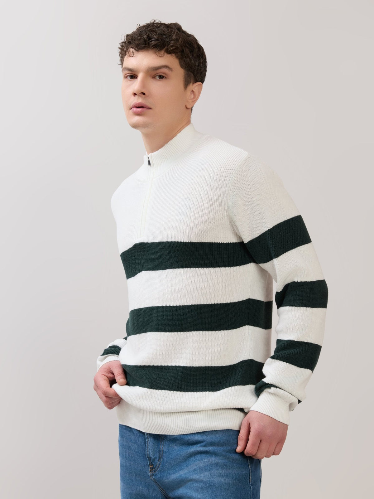 Zoro-1 - Regular Striped Half-Zip Sweater - White - Espanshe