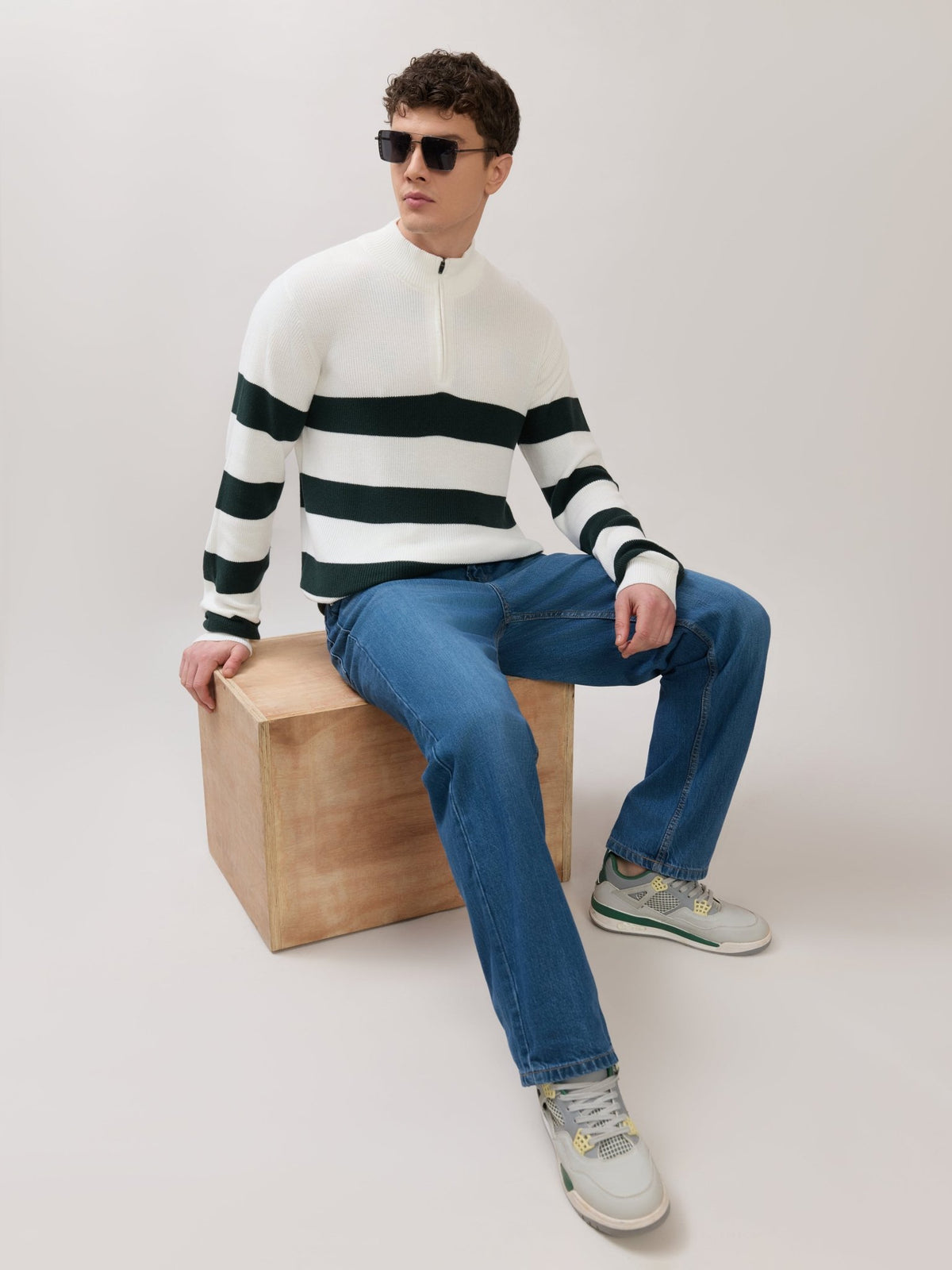Zoro-1 - Regular Striped Half-Zip Sweater - White - Espanshe