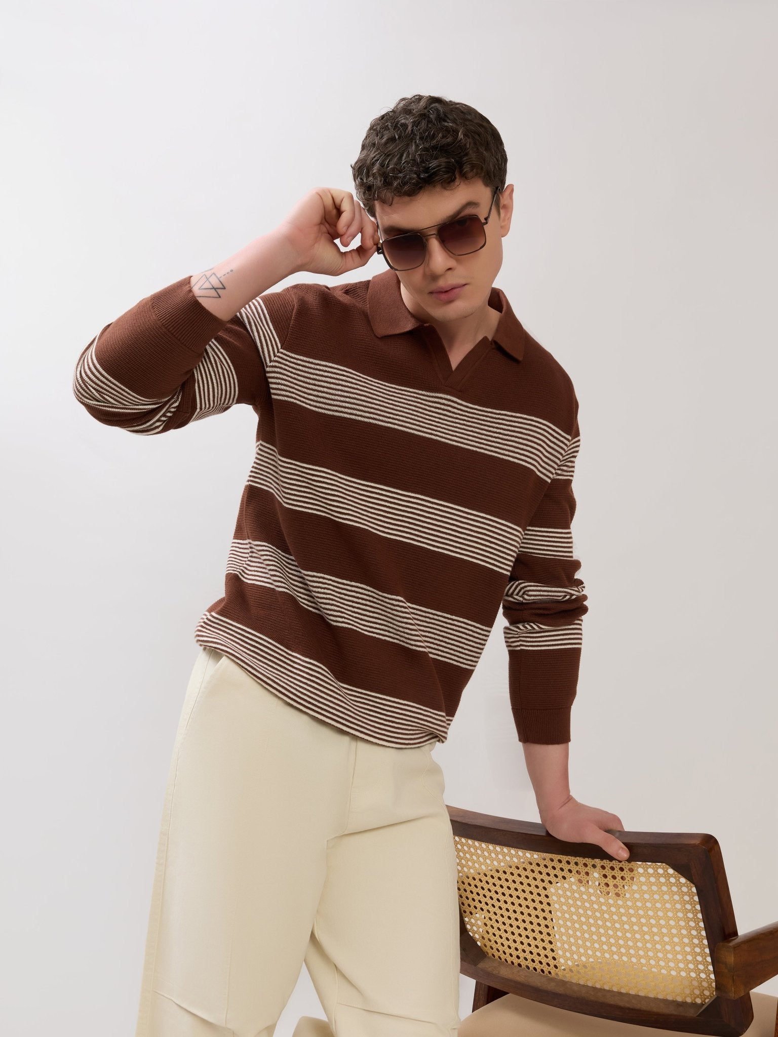 Sepia - Regular Striped Full Sleeve Polo T-Shirt - Brown - Espanshe