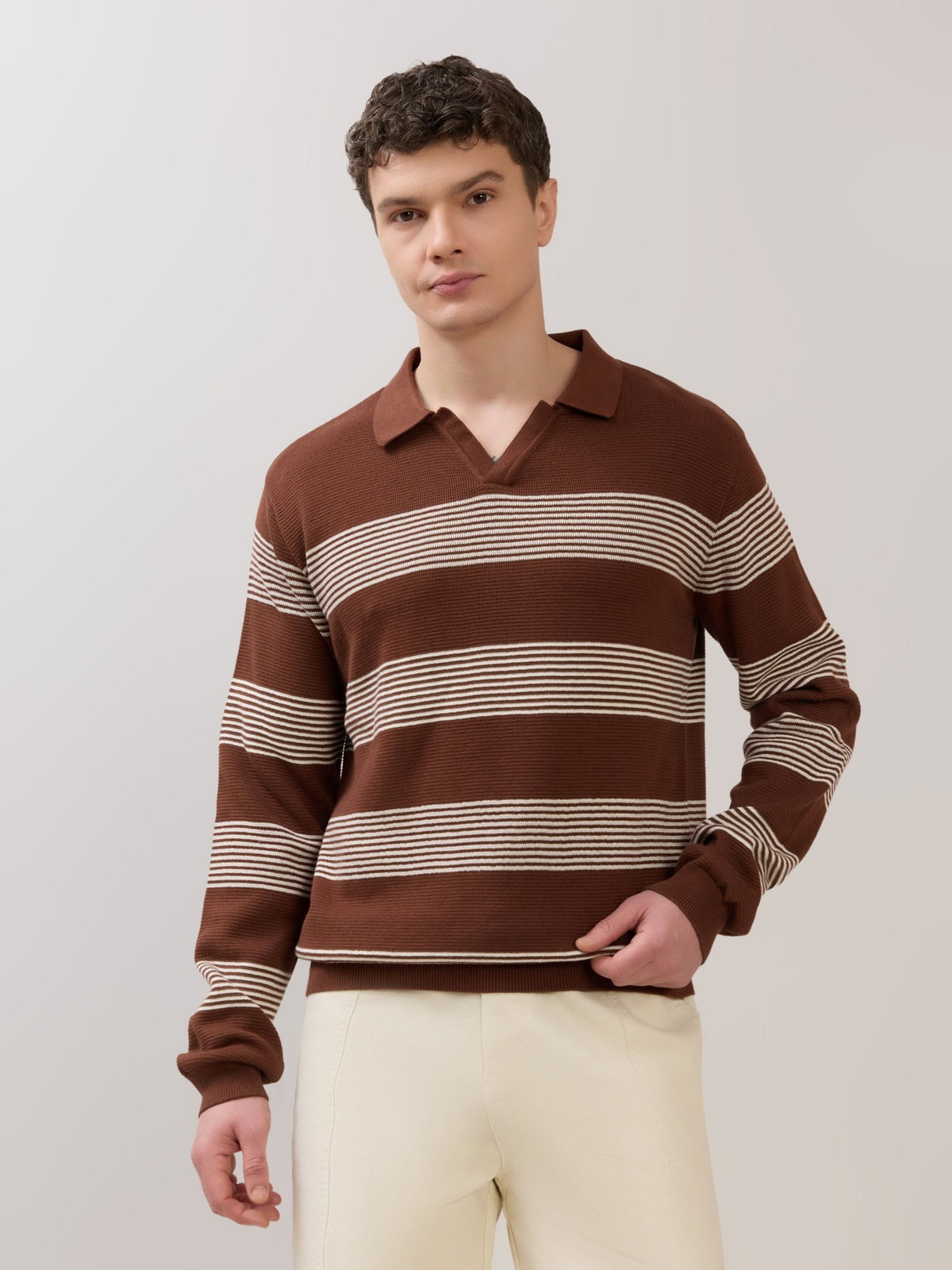 Sepia - Regular Striped Full Sleeve Polo T-Shirt - Brown - Espanshe