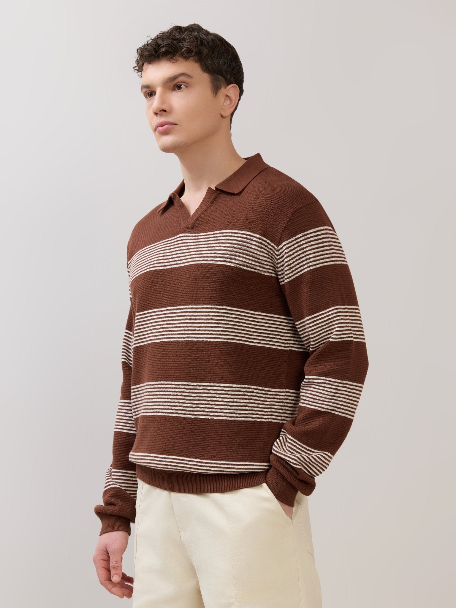 Sepia - Regular Striped Full Sleeve Polo T-Shirt - Brown - Espanshe