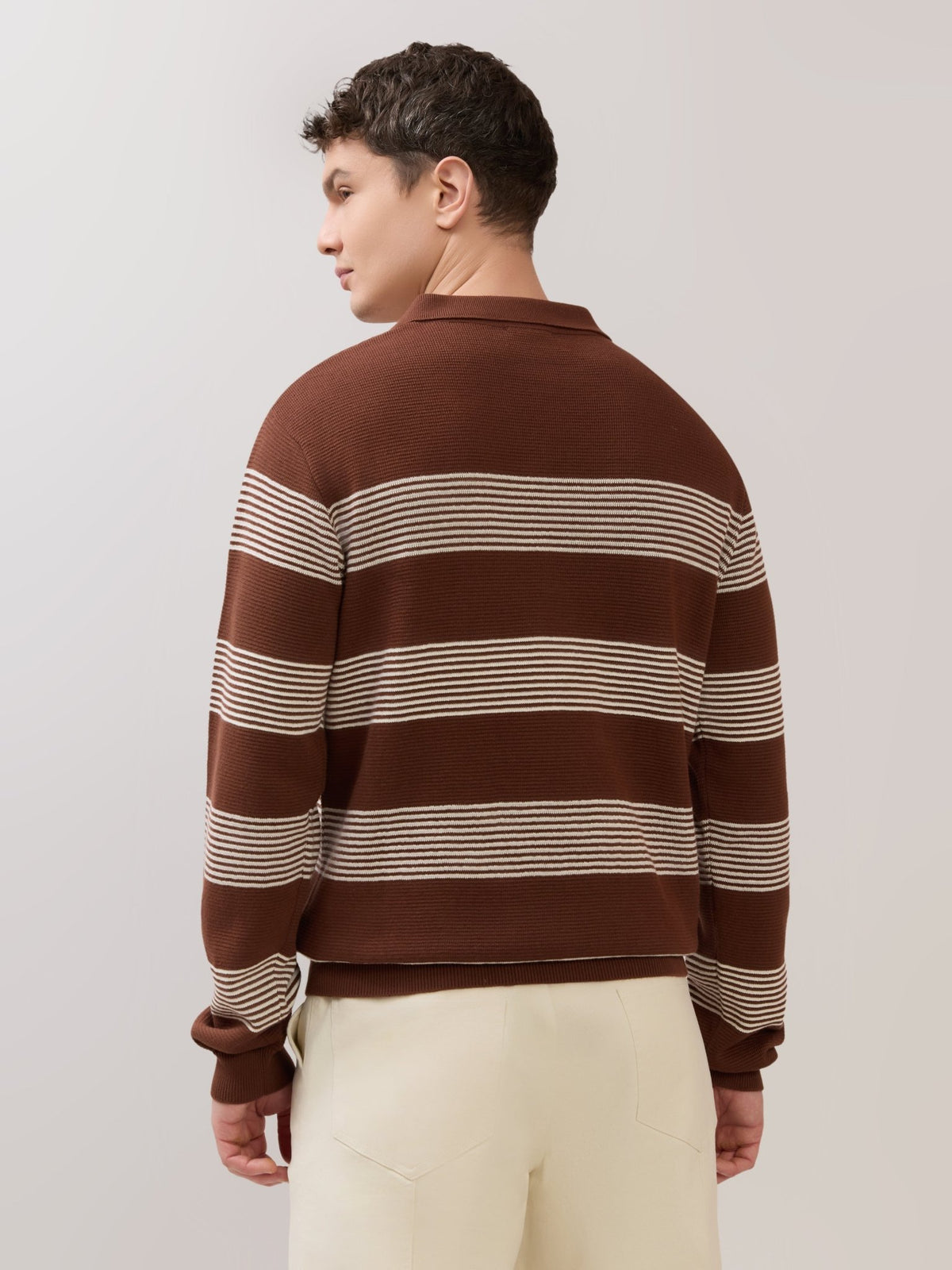 Sepia - Regular Striped Full Sleeve Polo T-Shirt - Brown - Espanshe