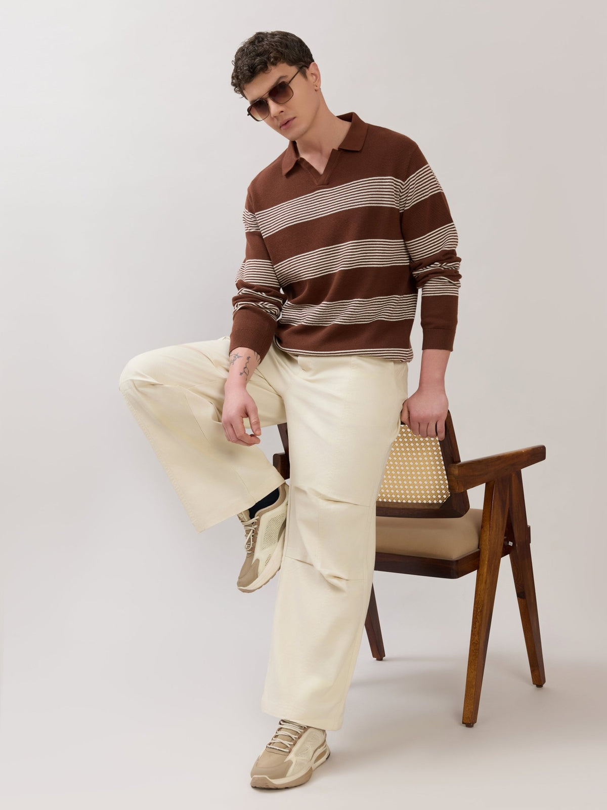 Sepia - Regular Striped Full Sleeve Polo T-Shirt - Brown - Espanshe