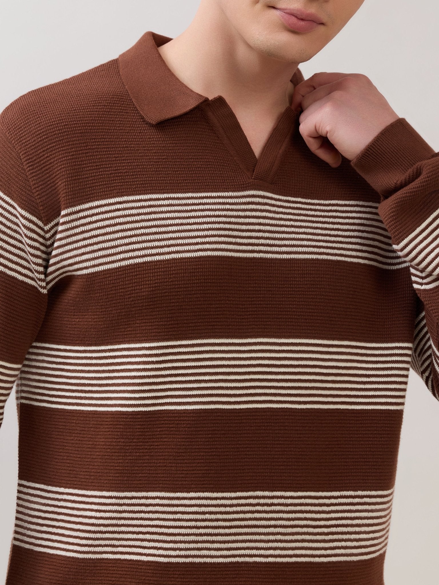 Sepia - Regular Striped Full Sleeve Polo T-Shirt - Brown - Espanshe