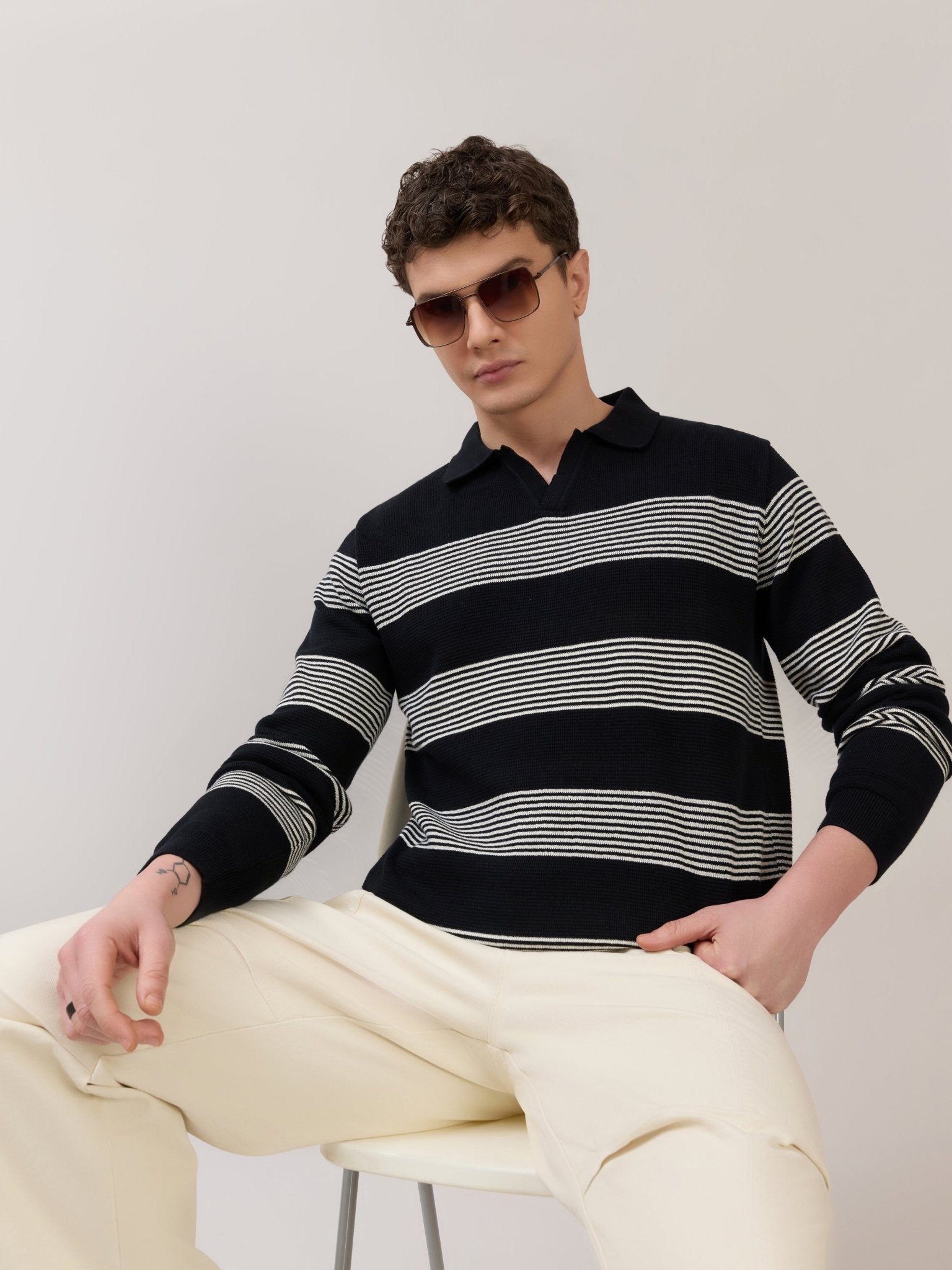 Sepia - Regular Striped Full Sleeve Polo T-Shirt - Black - Espanshe