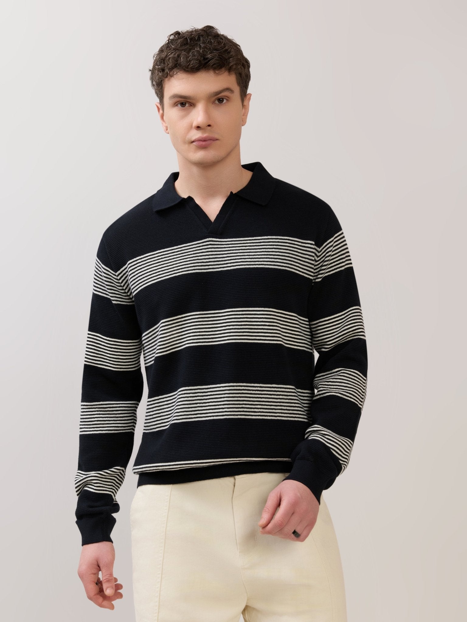 Sepia - Regular Striped Full Sleeve Polo T-Shirt - Black - Espanshe