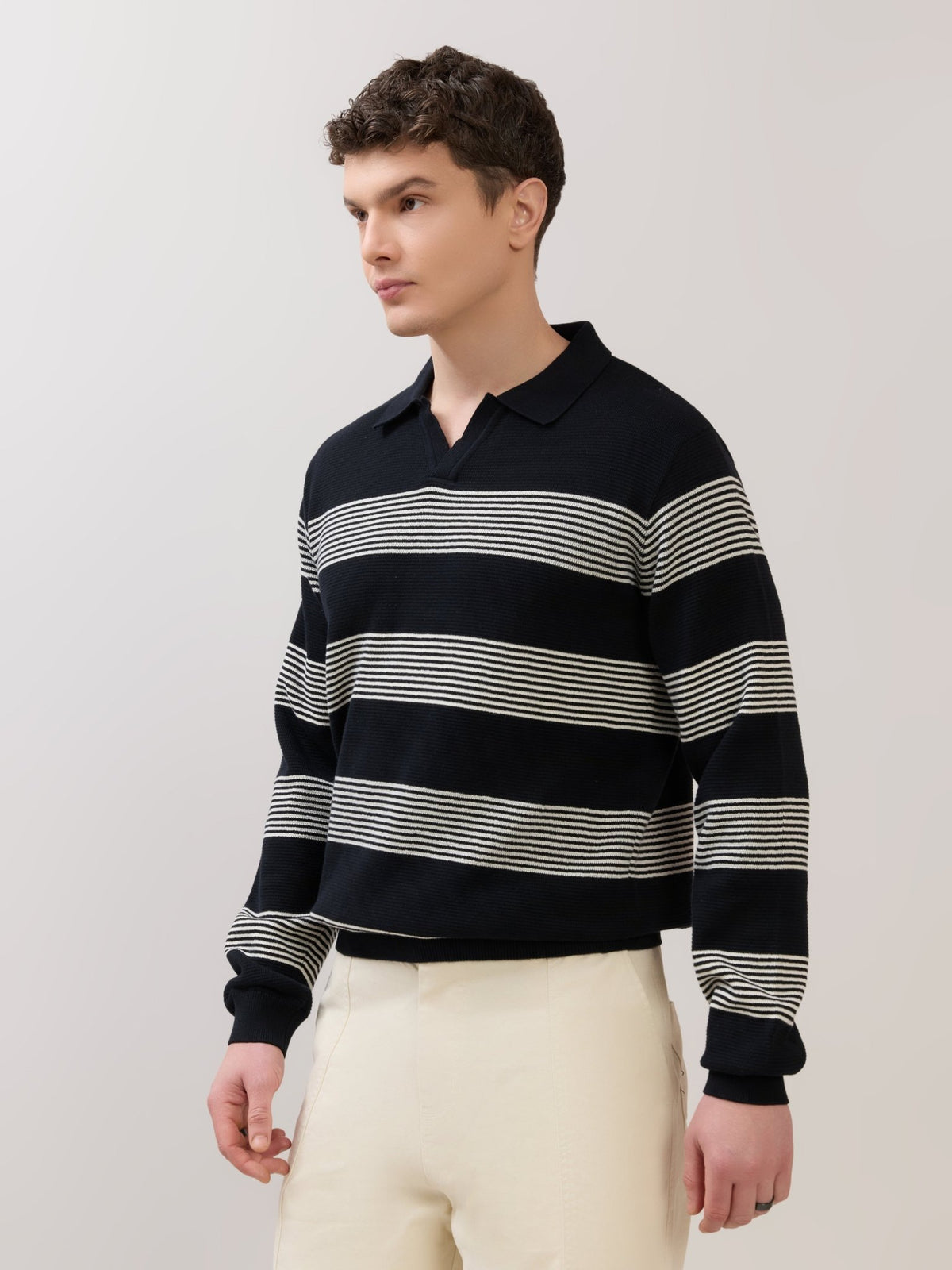 Sepia - Regular Striped Full Sleeve Polo T-Shirt - Black - Espanshe