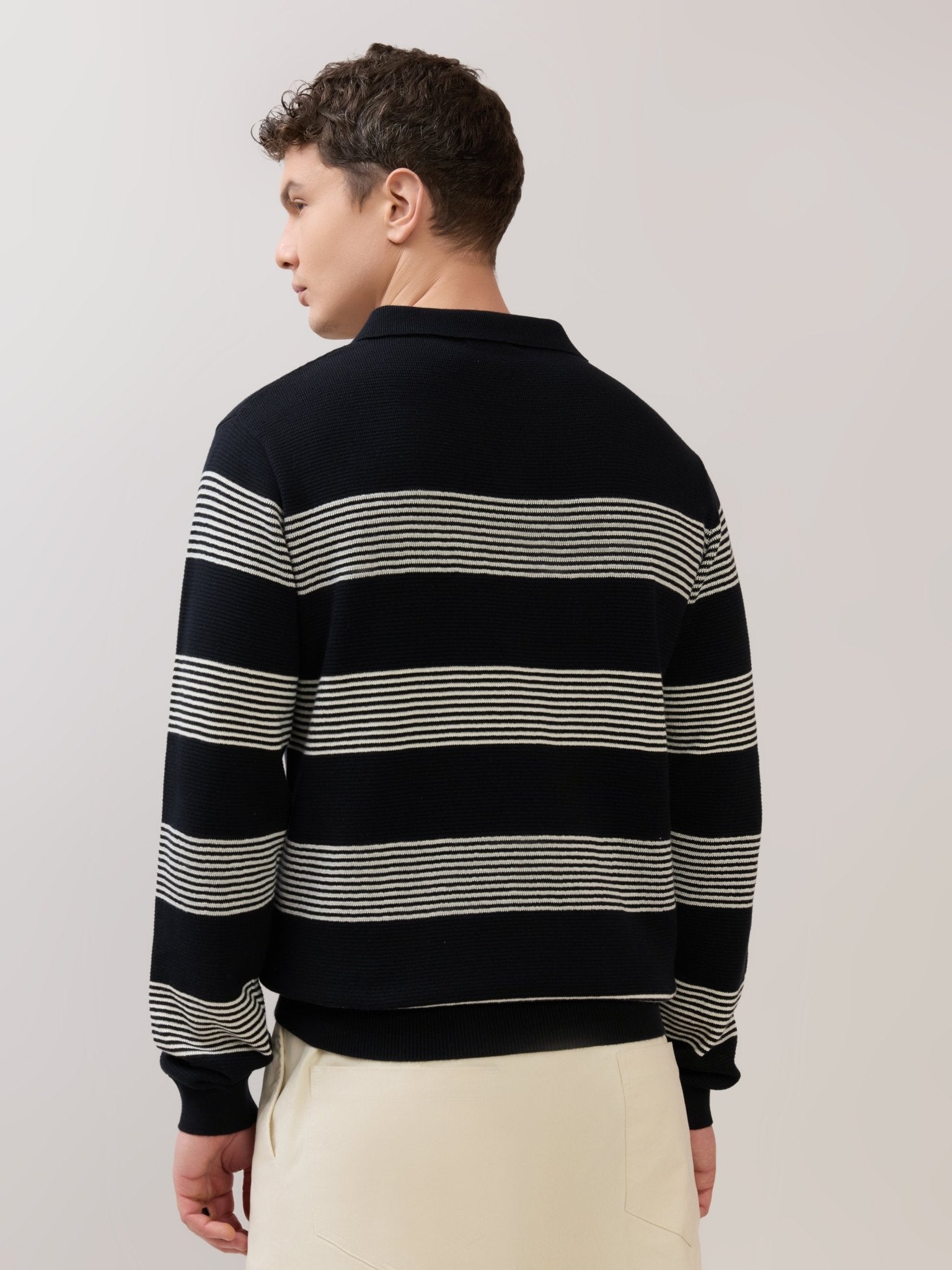 Sepia - Regular Striped Full Sleeve Polo T-Shirt - Black - Espanshe