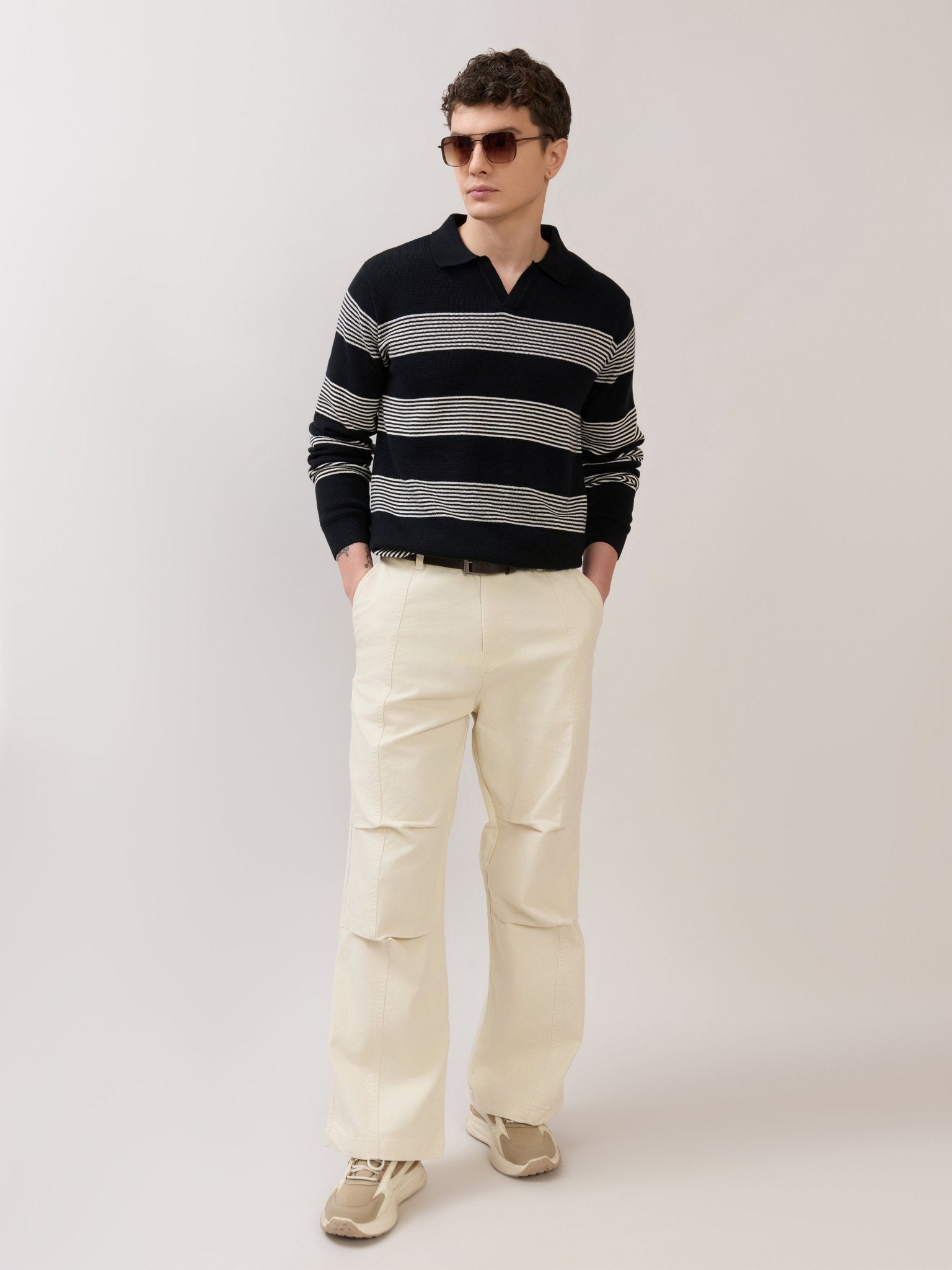 Sepia - Regular Striped Full Sleeve Polo T-Shirt - Black - Espanshe