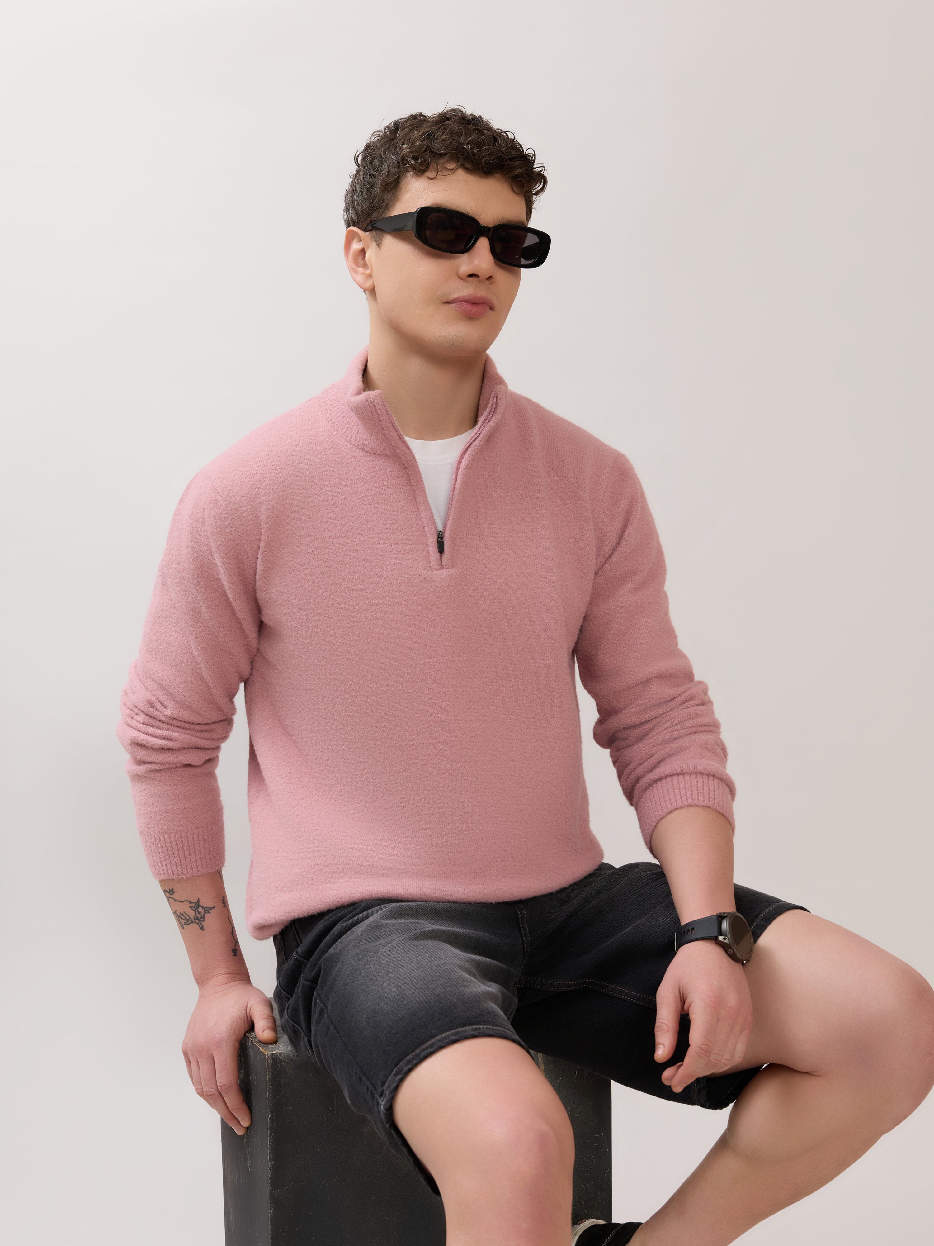 Zoro-2 - Regular Half-Zip High Neck Sweater - Pink
