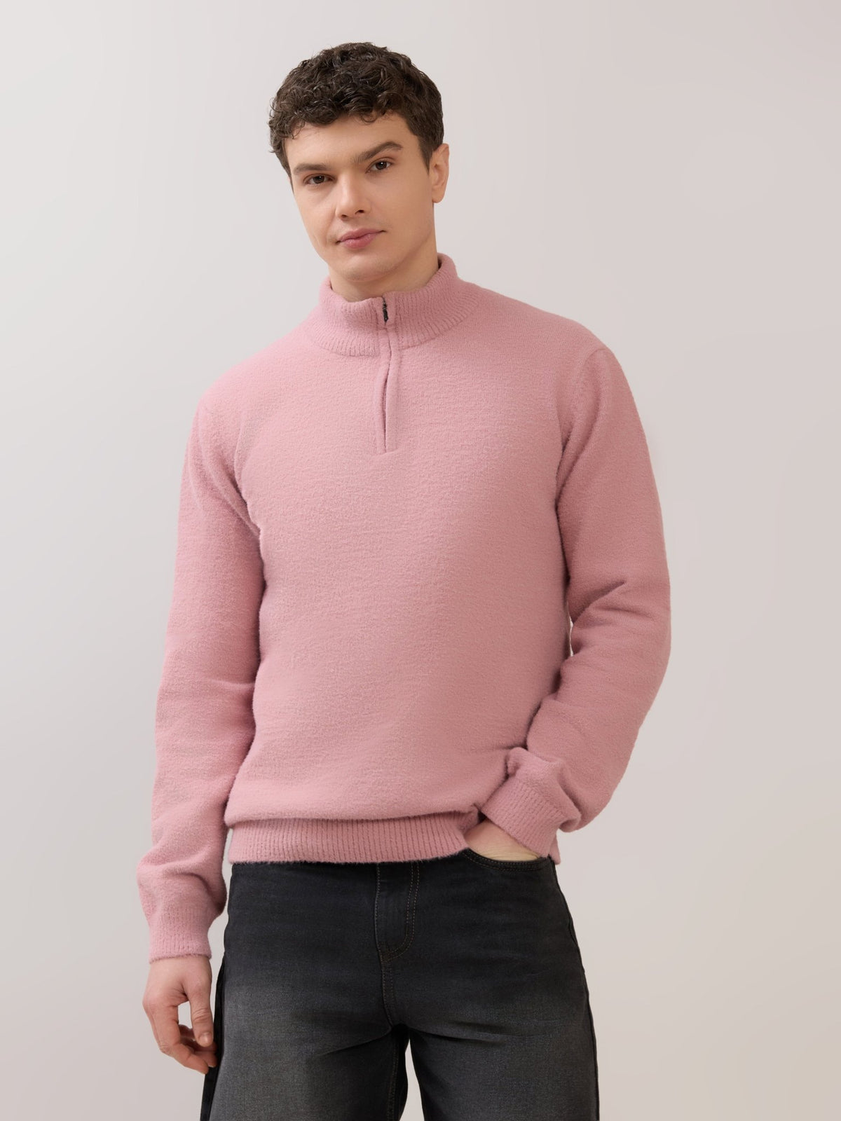 Zoro-2 - Regular Half-Zip High Neck Sweater - Pink - Espanshe