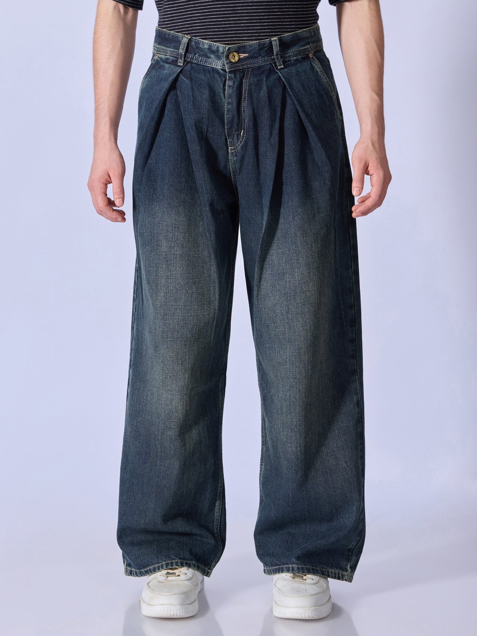 Quro - Baggy Pleated Jeans - Dark Blue - Espanshe