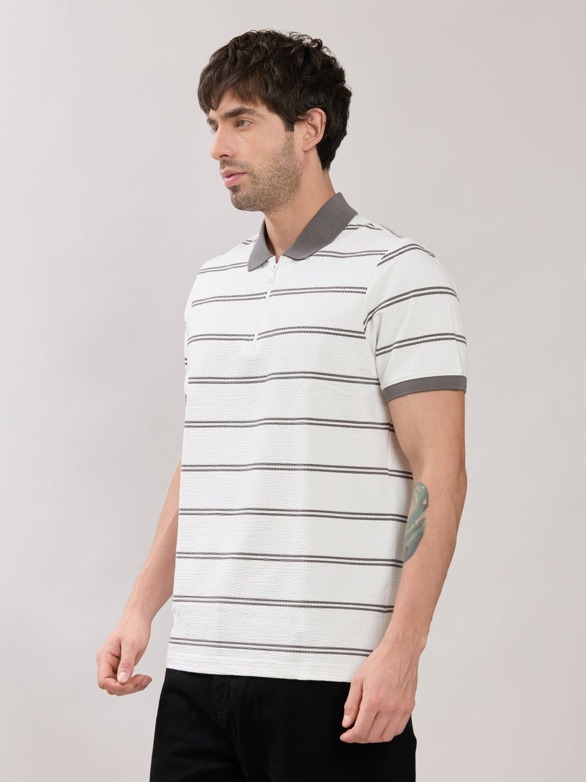 Rusel - Grey Striped Half Zip Regular Polo T-Shirt - Espanshe