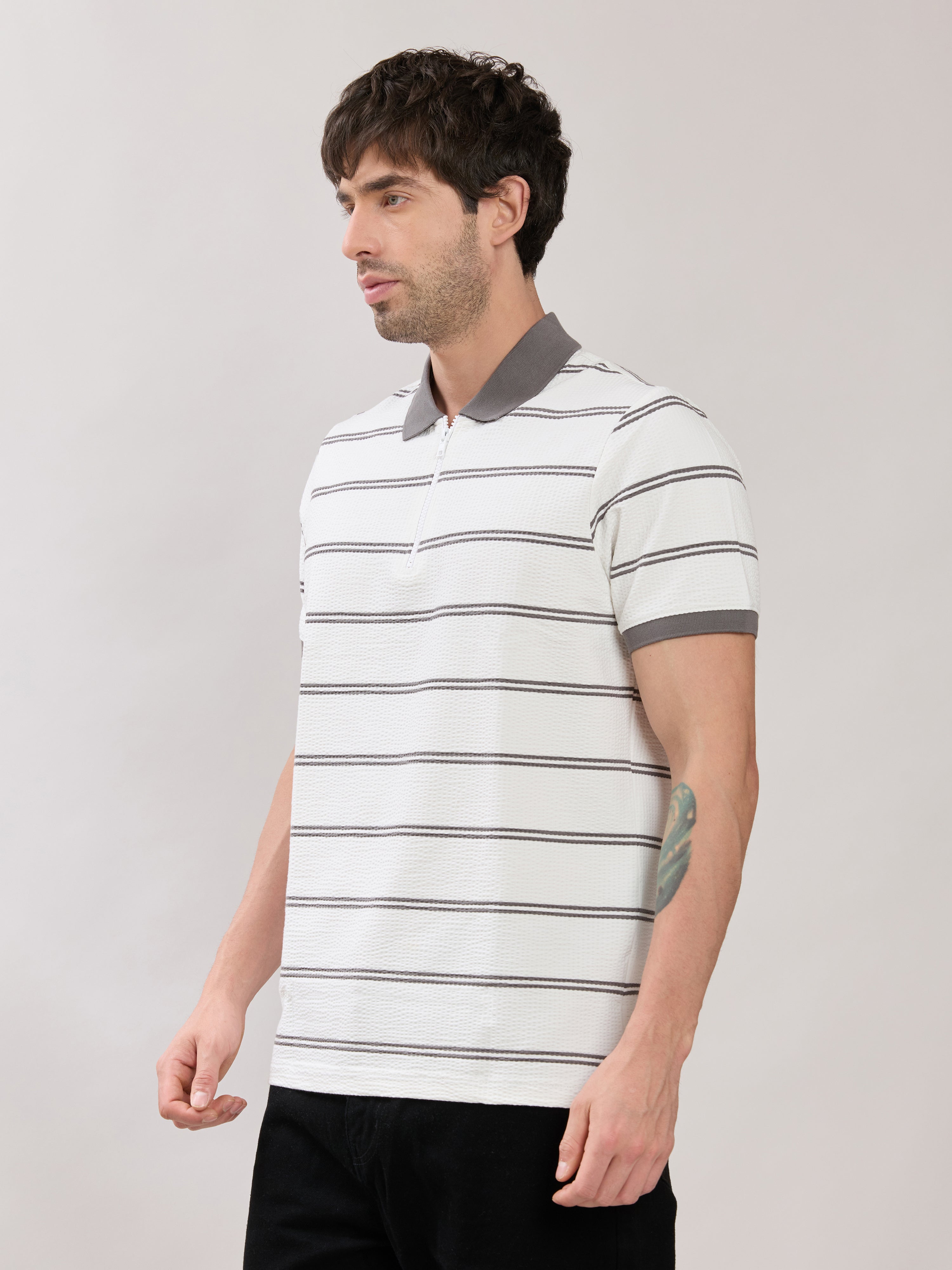 Rusel - Grey Striped Half Zip Regular Polo T-Shirt