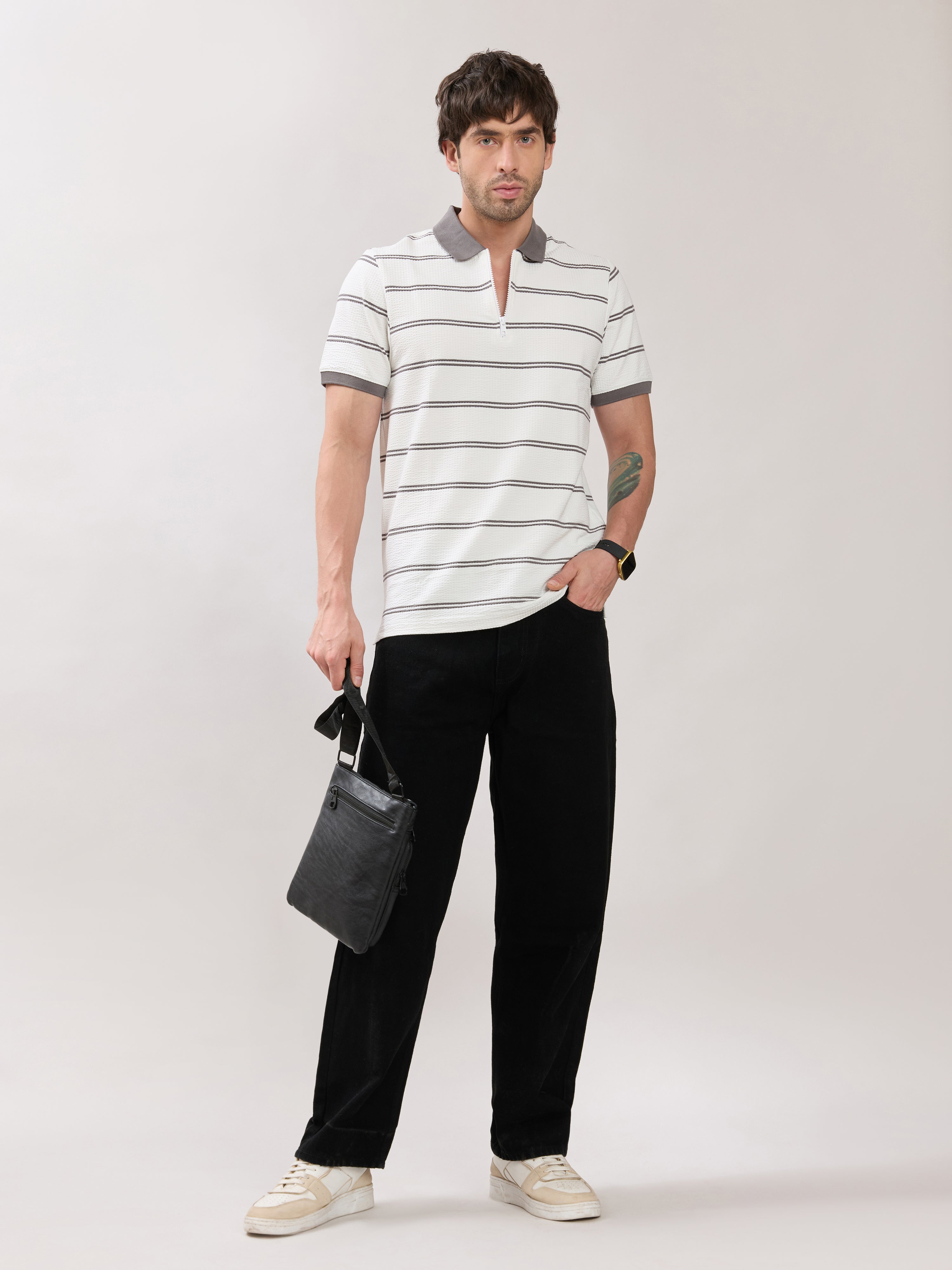 Rusel - Grey Striped Half Zip Regular Polo T-Shirt