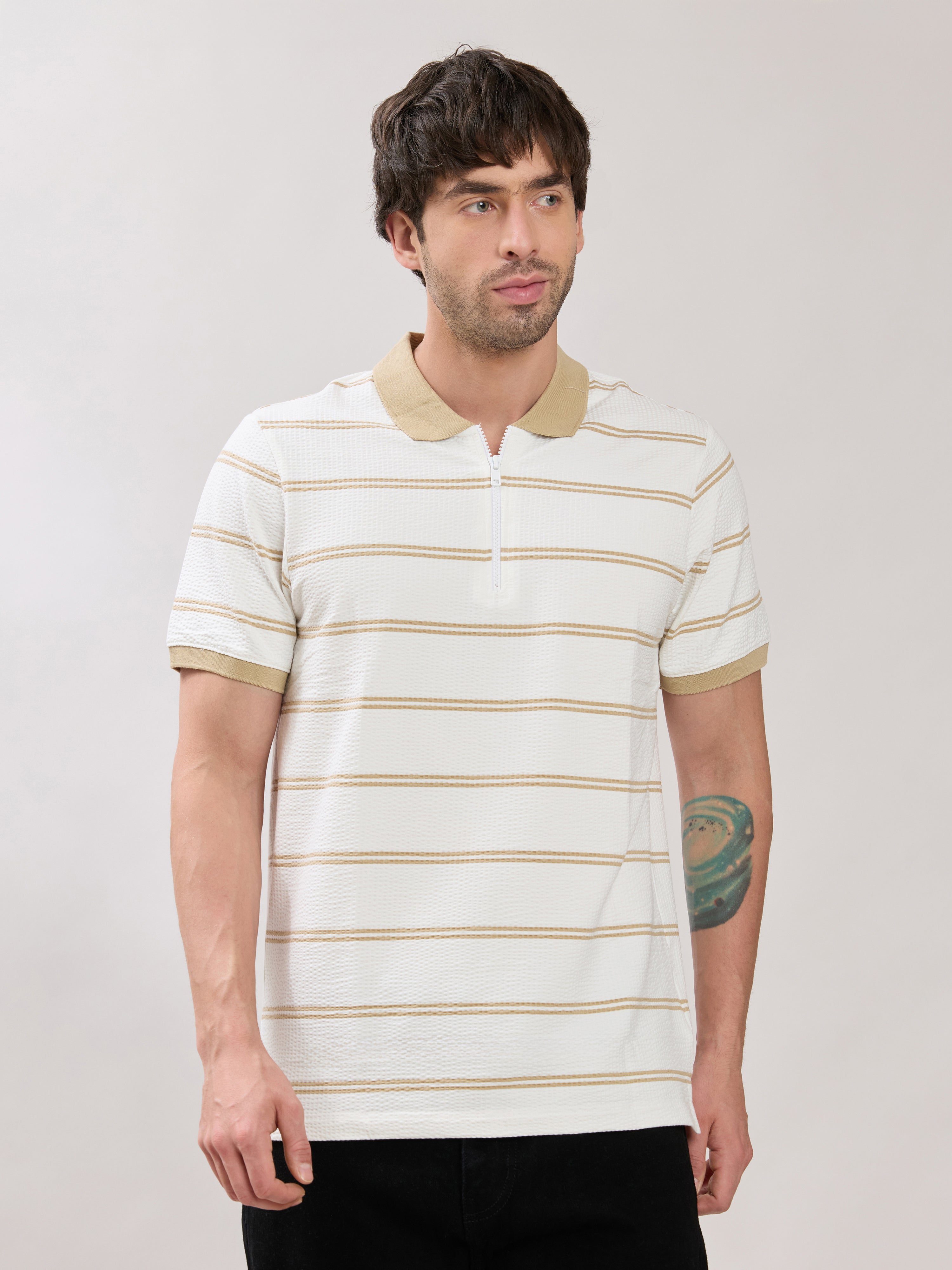 Rusel - Camel Striped Half Zip Regular Polo T-Shirt