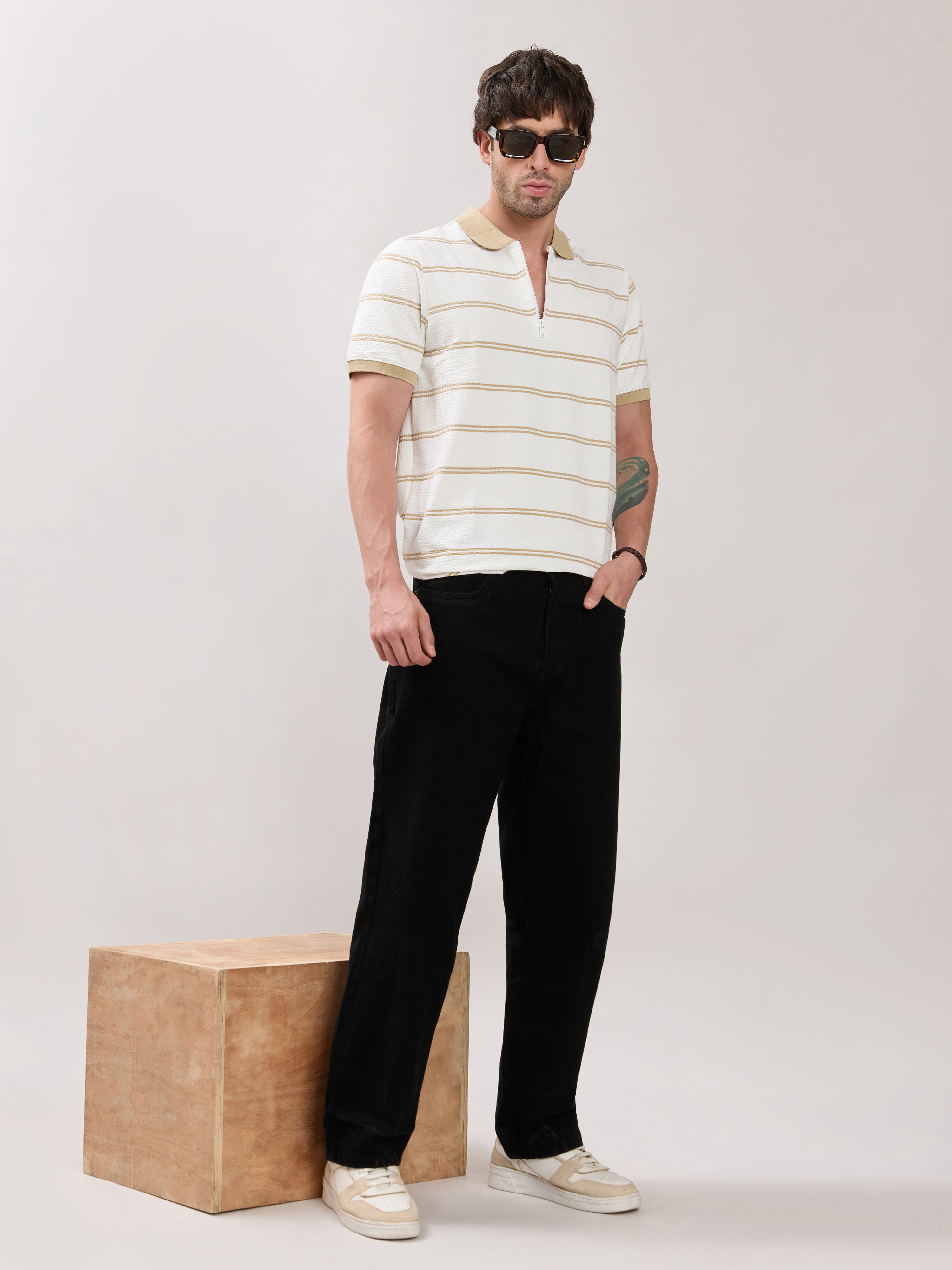 Rusel - Camel Striped Half Zip Regular Polo T-Shirt