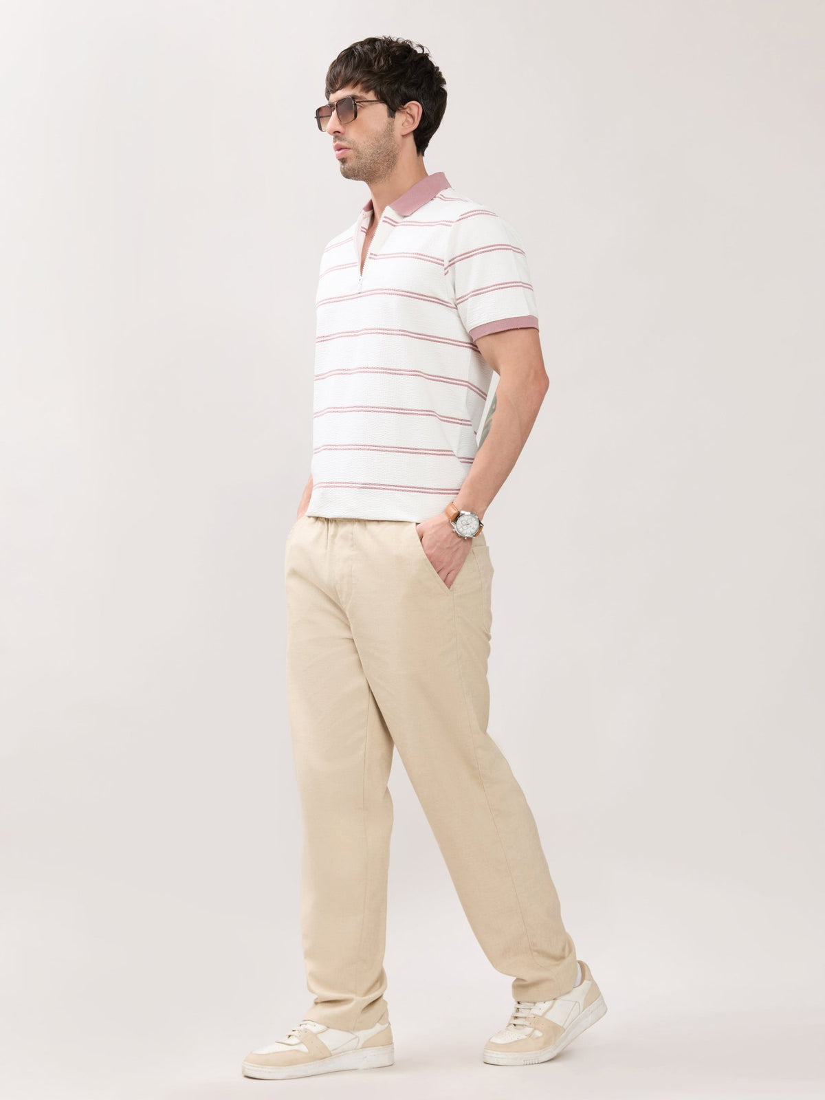 Rusel - Pink Striped Half Zip Regular Polo T-Shirt - Espanshe