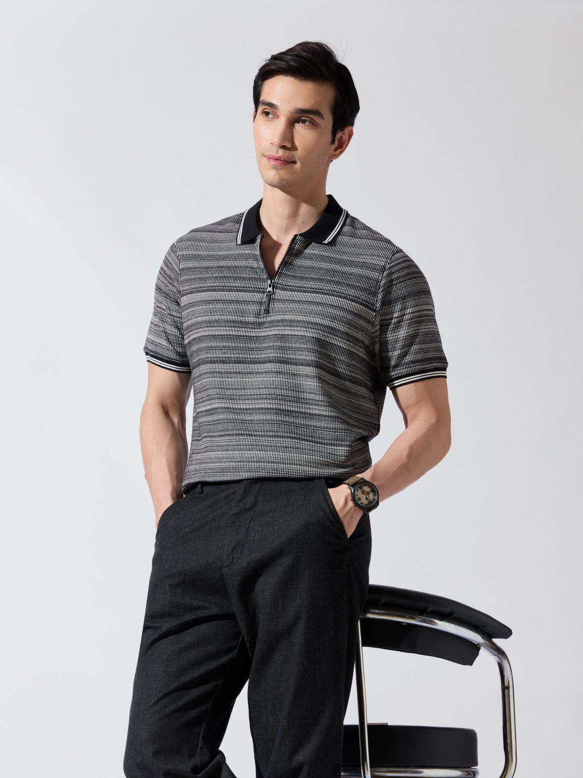 Rusel - Black Striped Half Zip Regular Polo T-Shirt - Espanshe