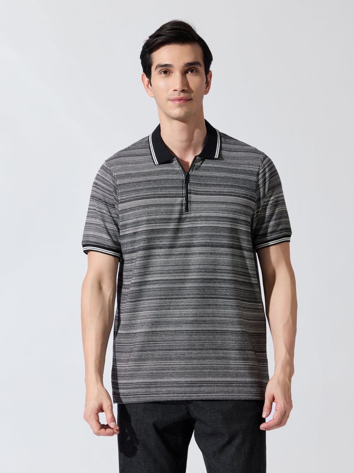 Rusel - Black Striped Half Zip Regular Polo T-Shirt - Espanshe