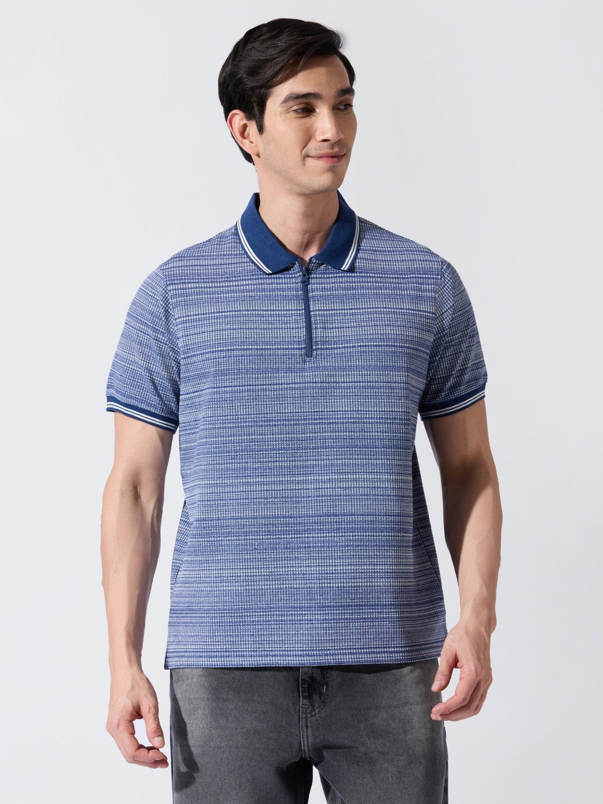 Rusel - Blue Striped Half Zip Regular Polo T-Shirt - Espanshe