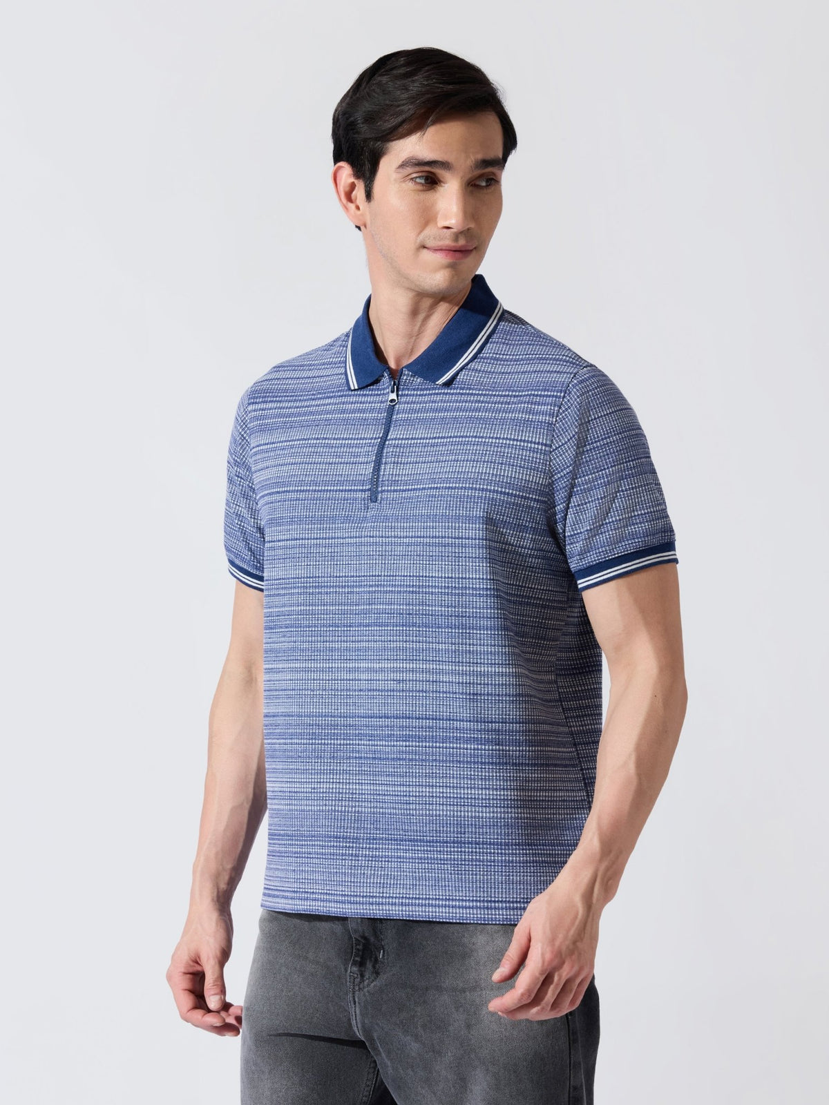 Rusel - Blue Striped Half Zip Regular Polo T-Shirt - Espanshe