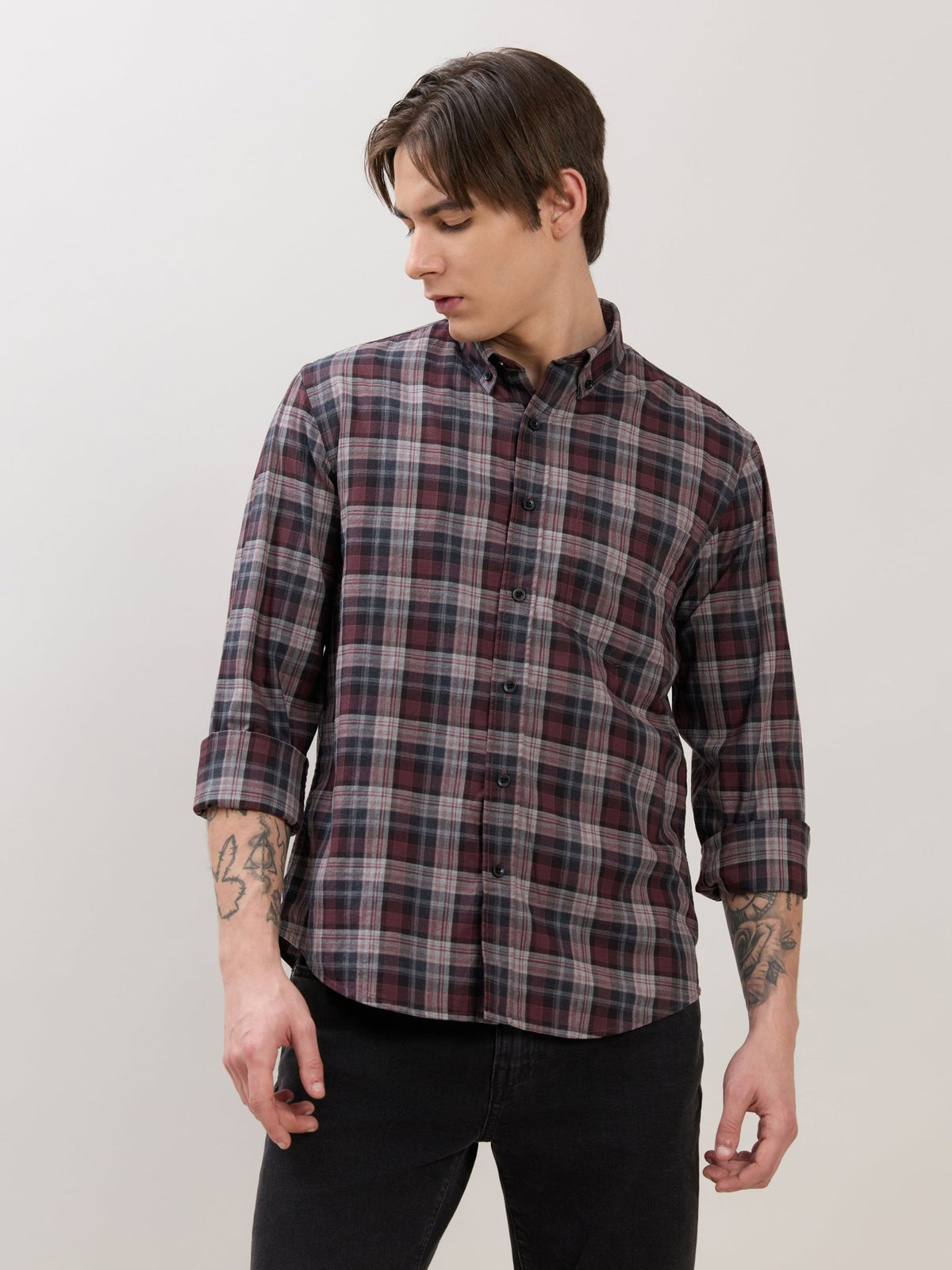 Sanana - Melange Checks Shirt - Maroon - Espanshe