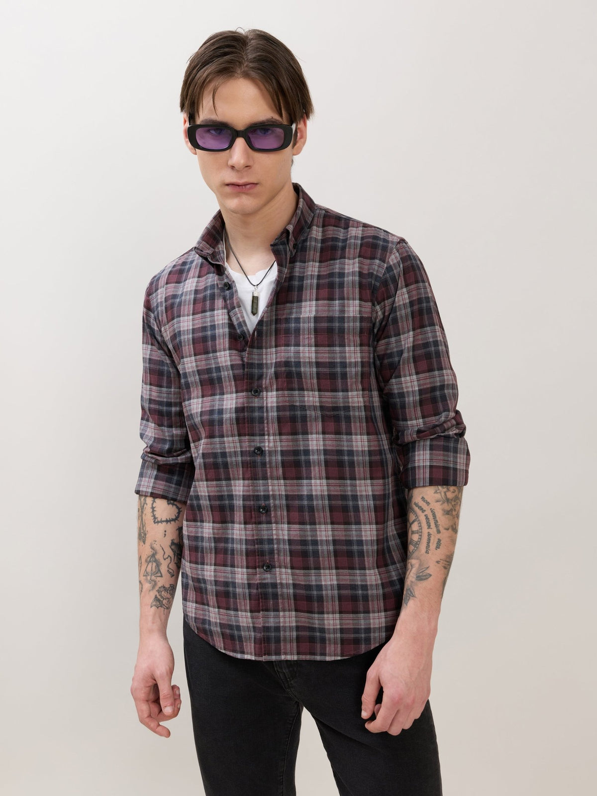 Sanana - Melange Checks Shirt - Maroon - Espanshe