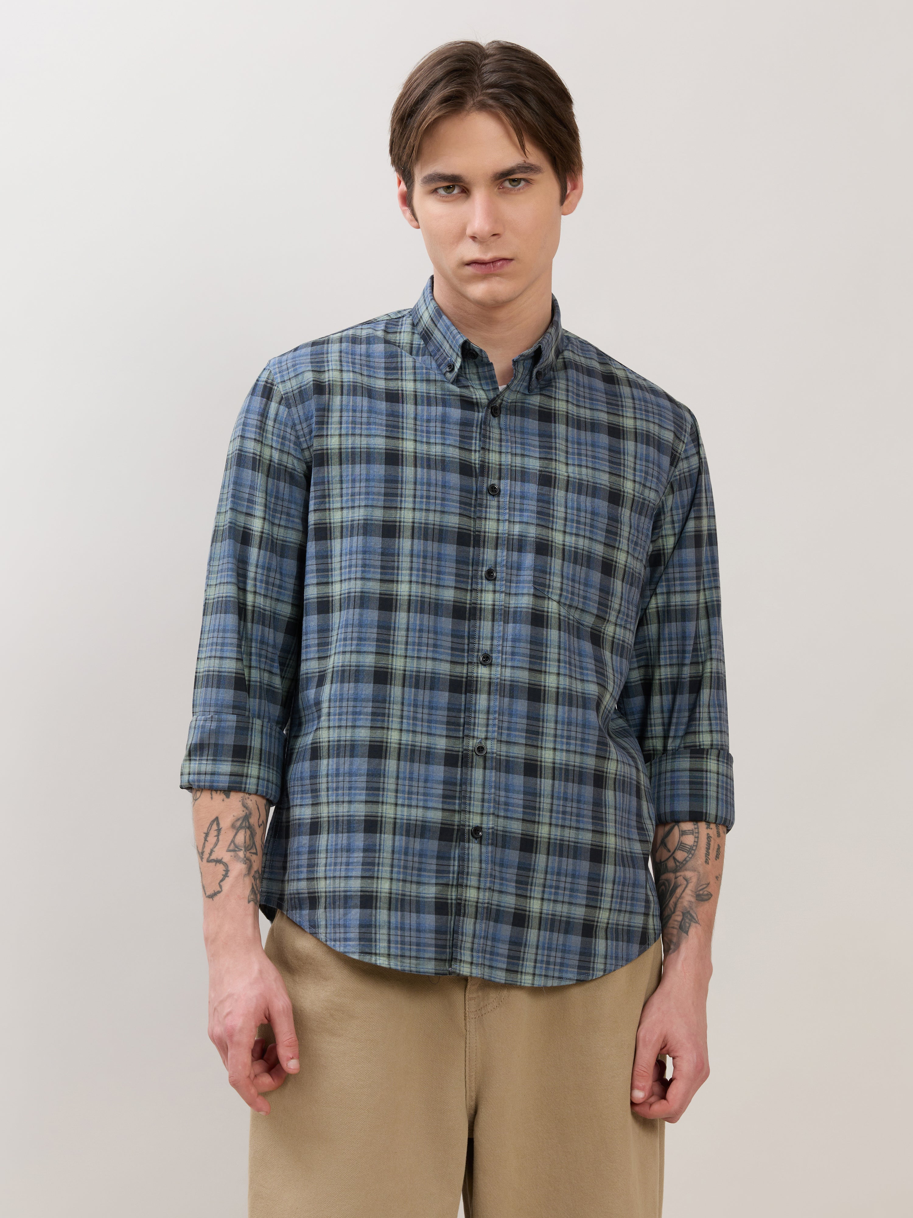 men's Melange Checks Shirt in blue