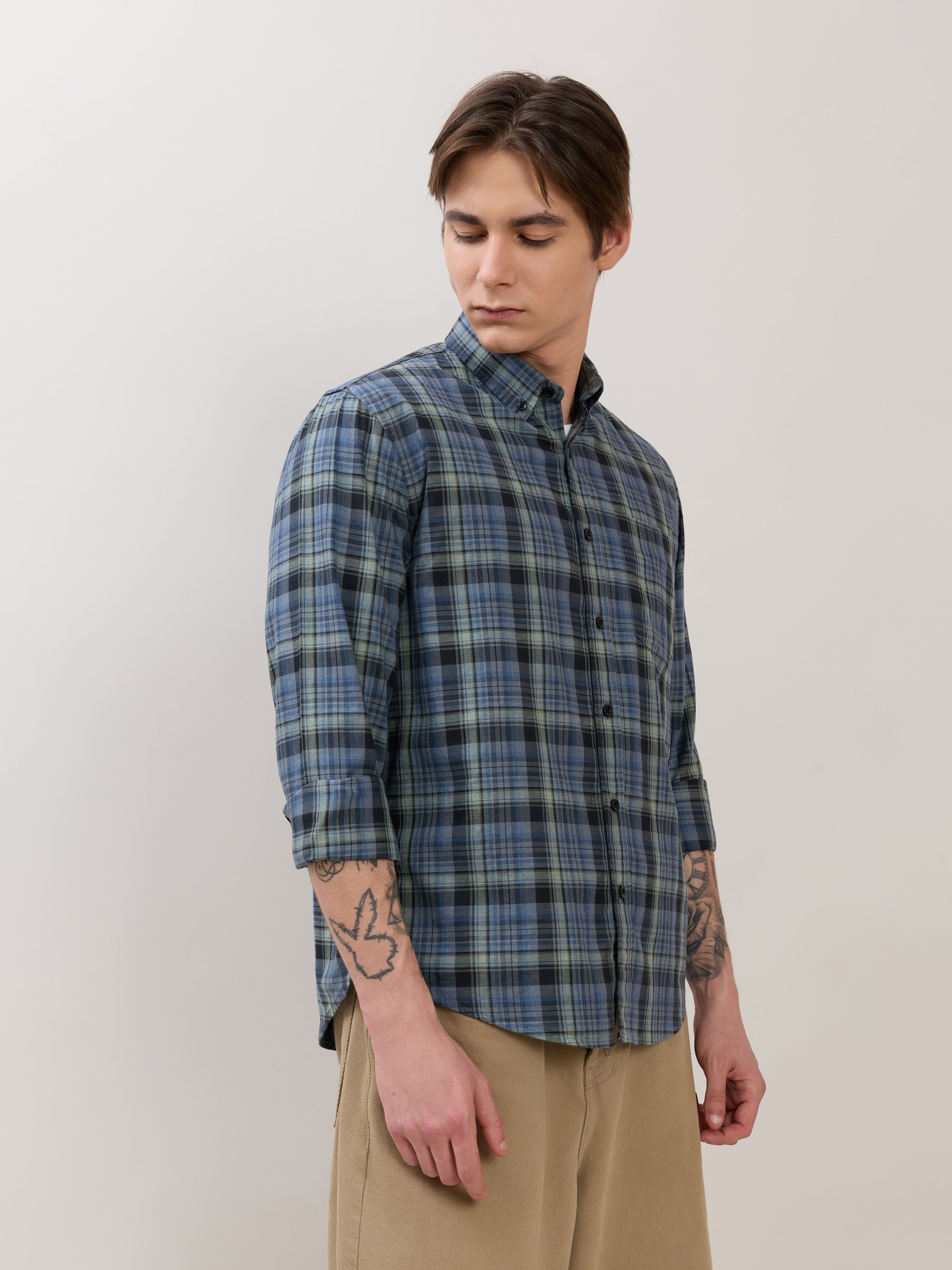 men's Melange Checks Shirt in blue