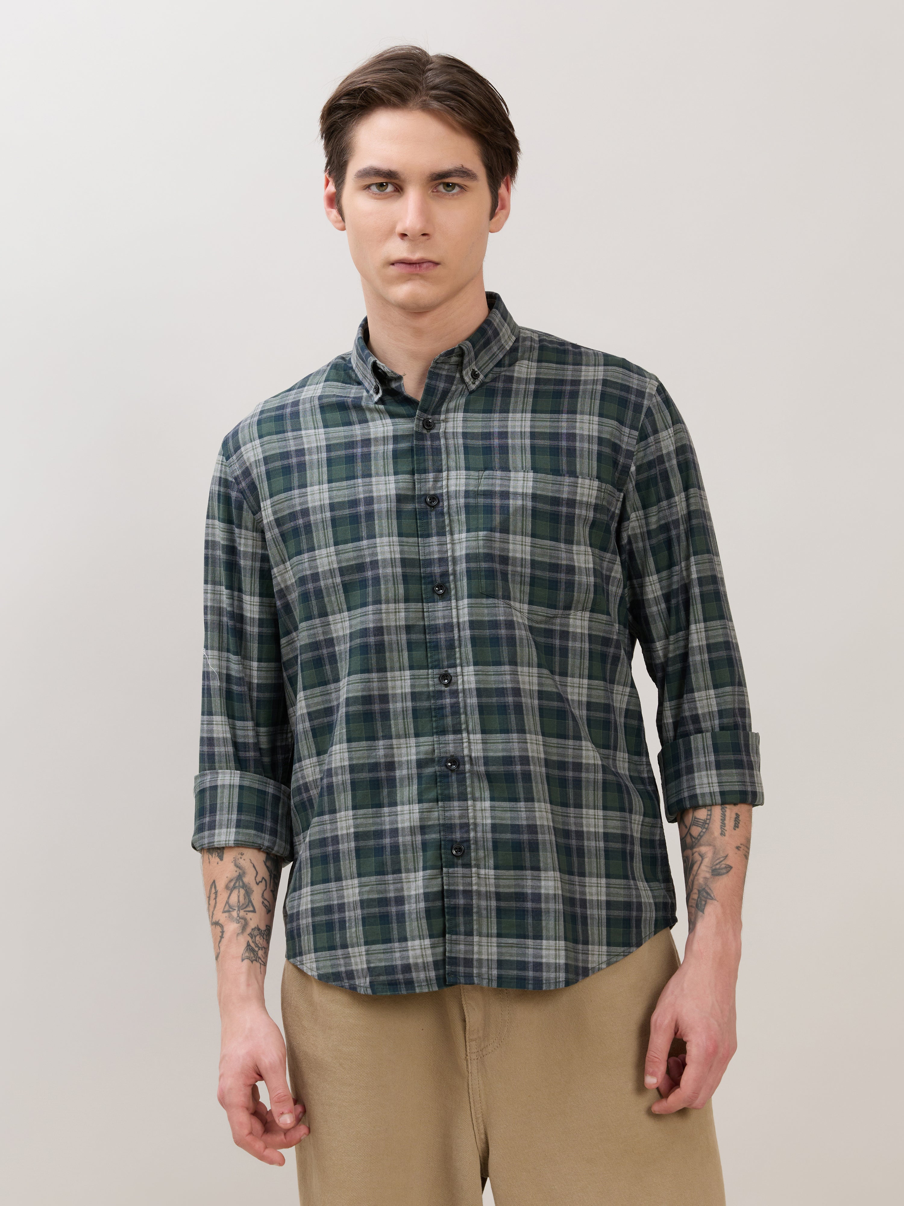 men's Melange Checks Shirt in Green