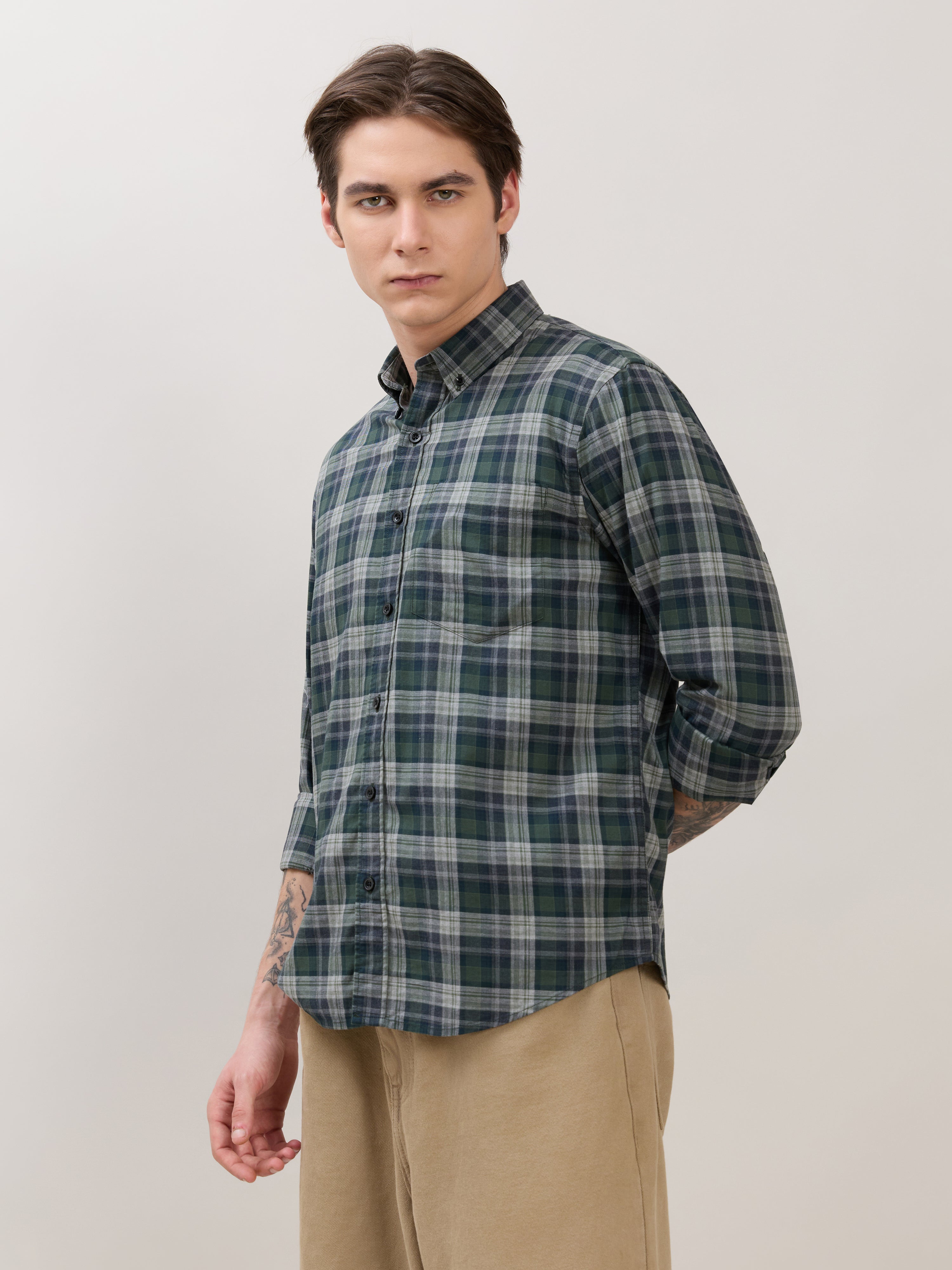 men's Melange Checks Shirt in Green
