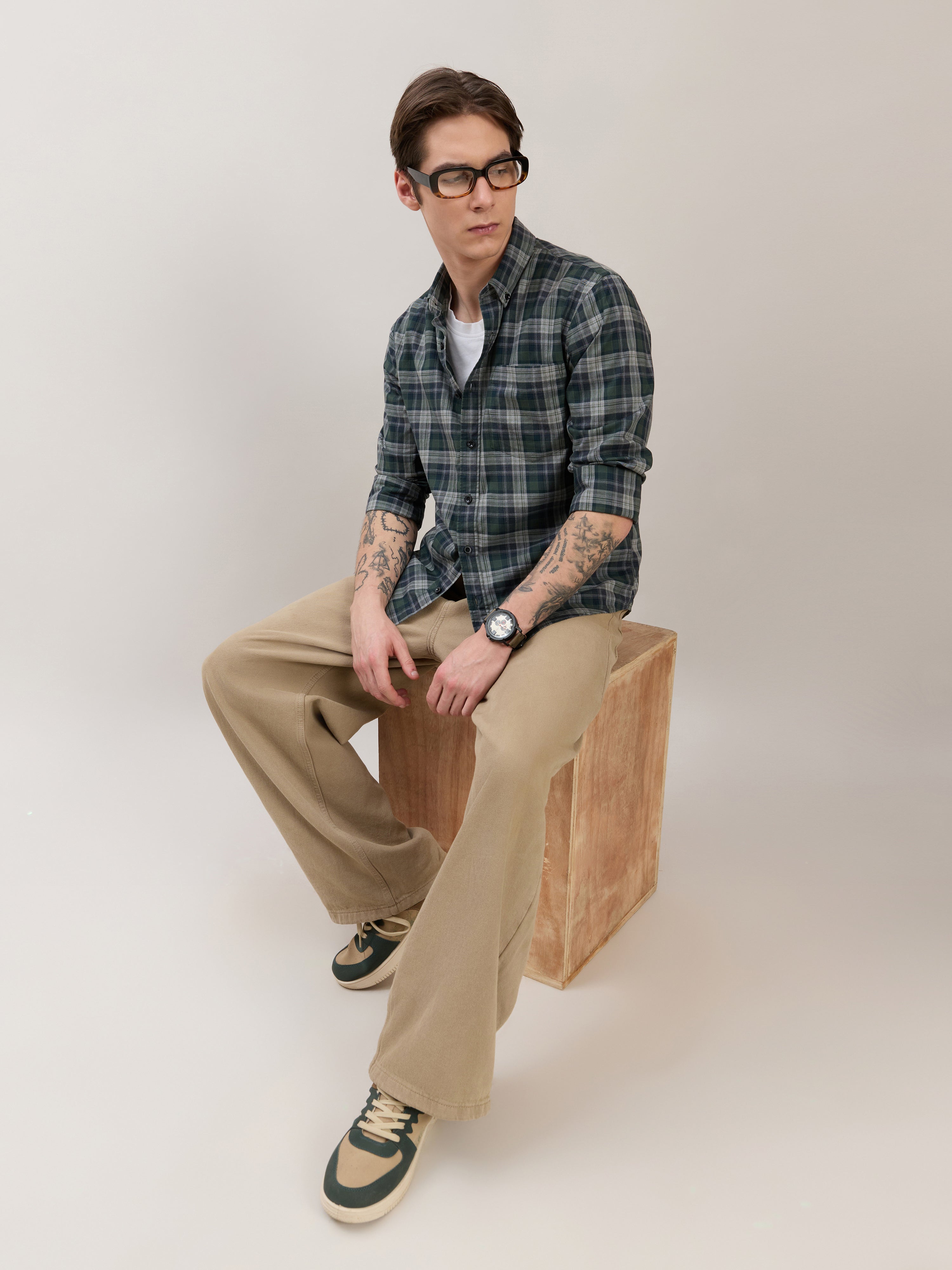 men's Melange Checks Shirt in Green