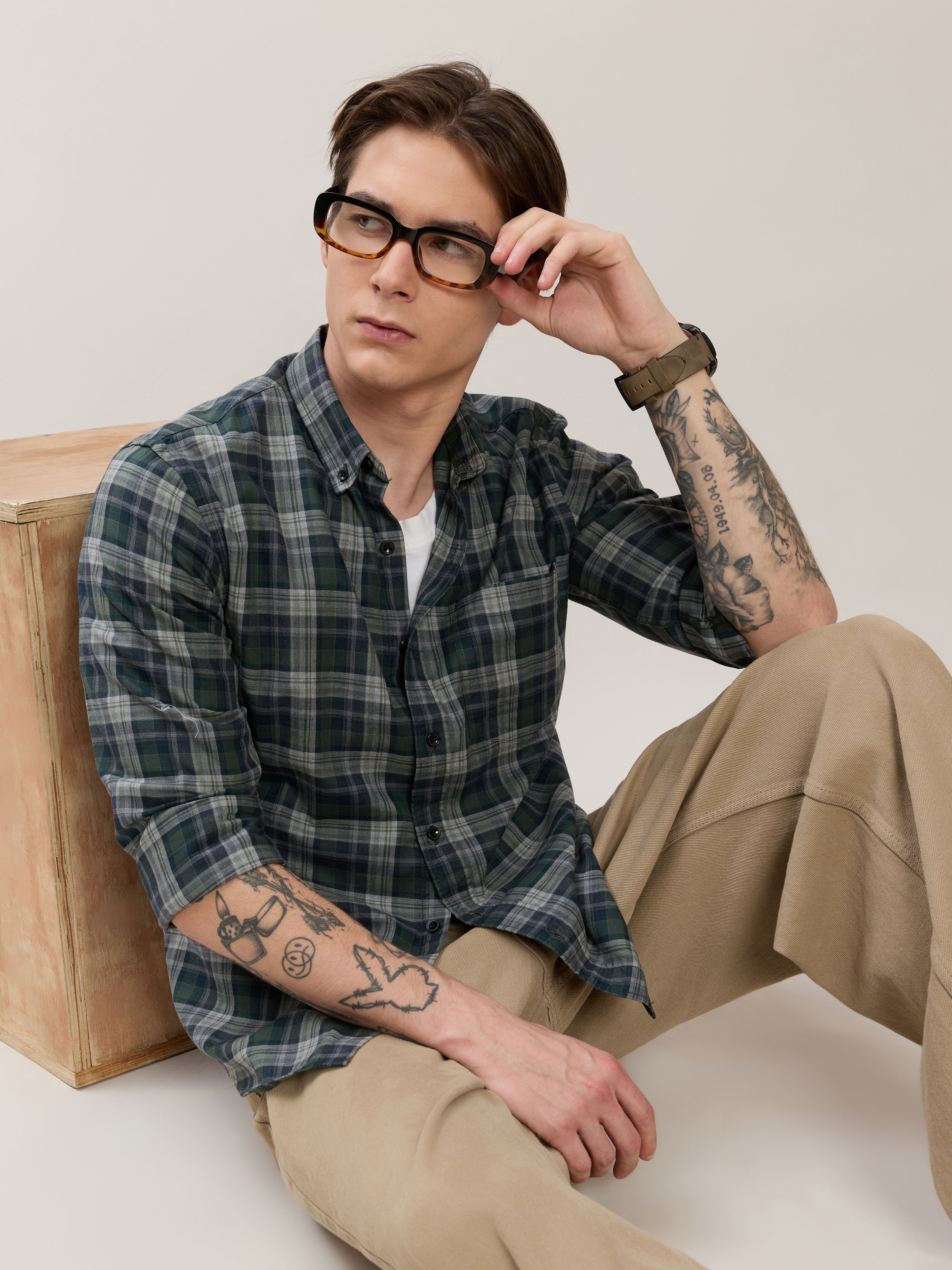 men's Melange Checks Shirt in Green