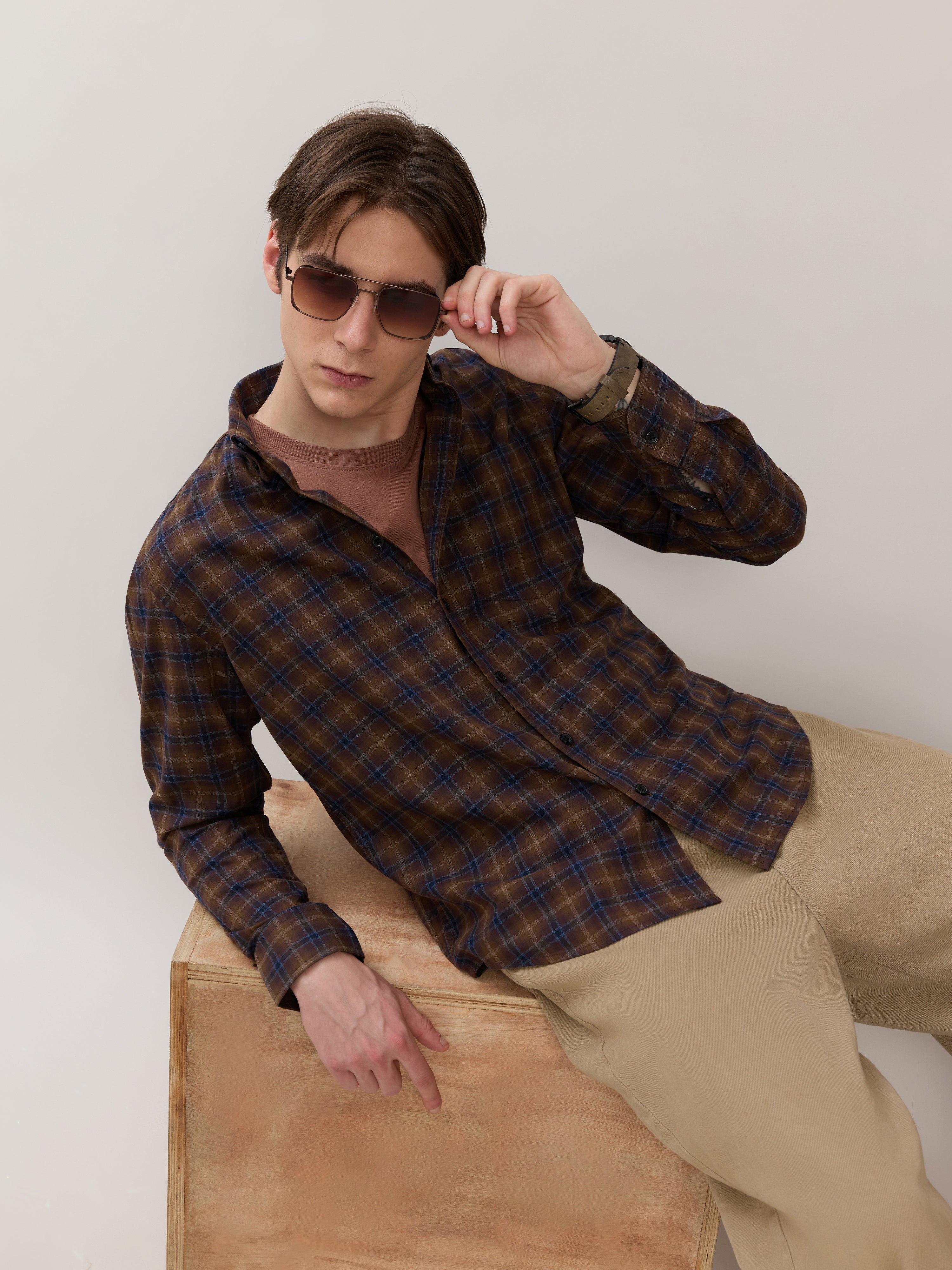 men's Melange Checks Shirt in brown