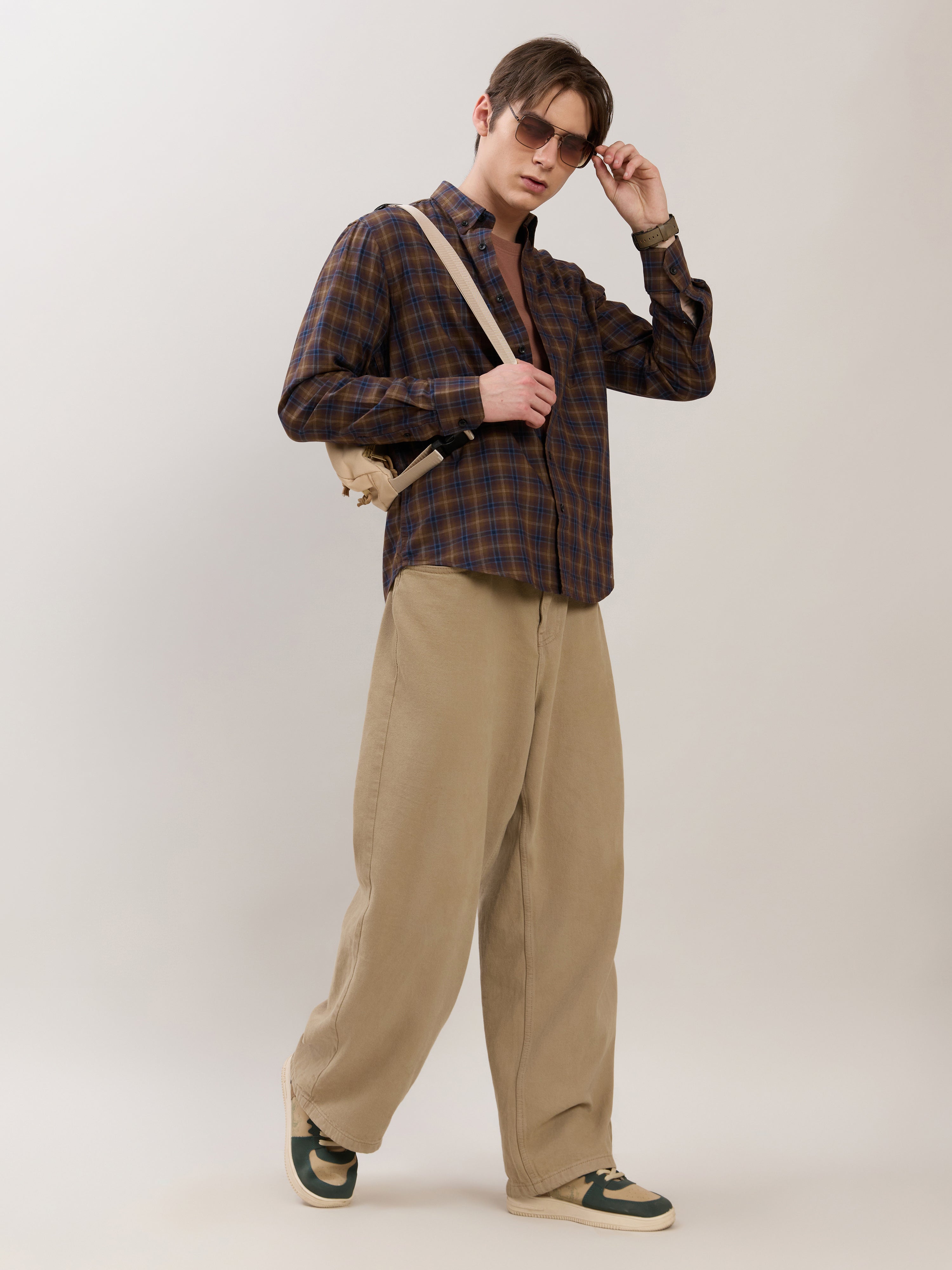 men's Melange Checks Shirt in brown