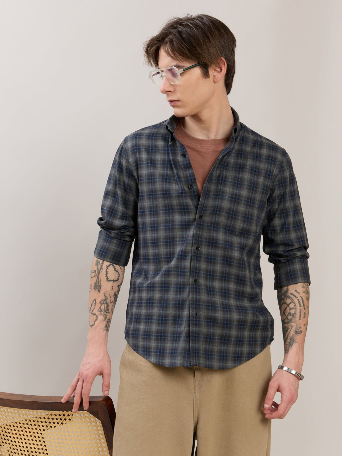 Sanana - Melange Checks Shirt - Grey - Espanshe