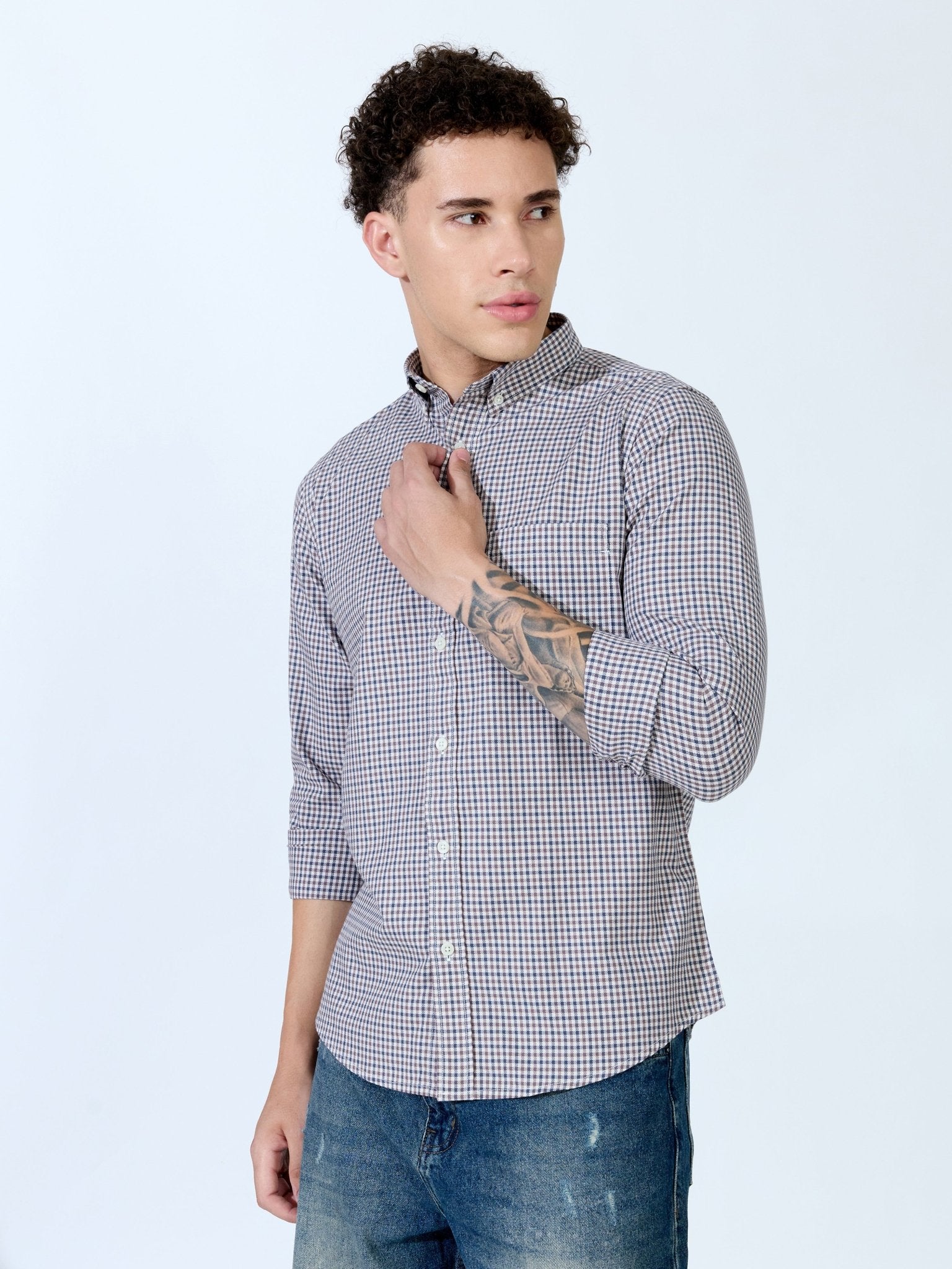 Saran - Turkish Fit Mini Checks Shirt - Brown - Espanshe
