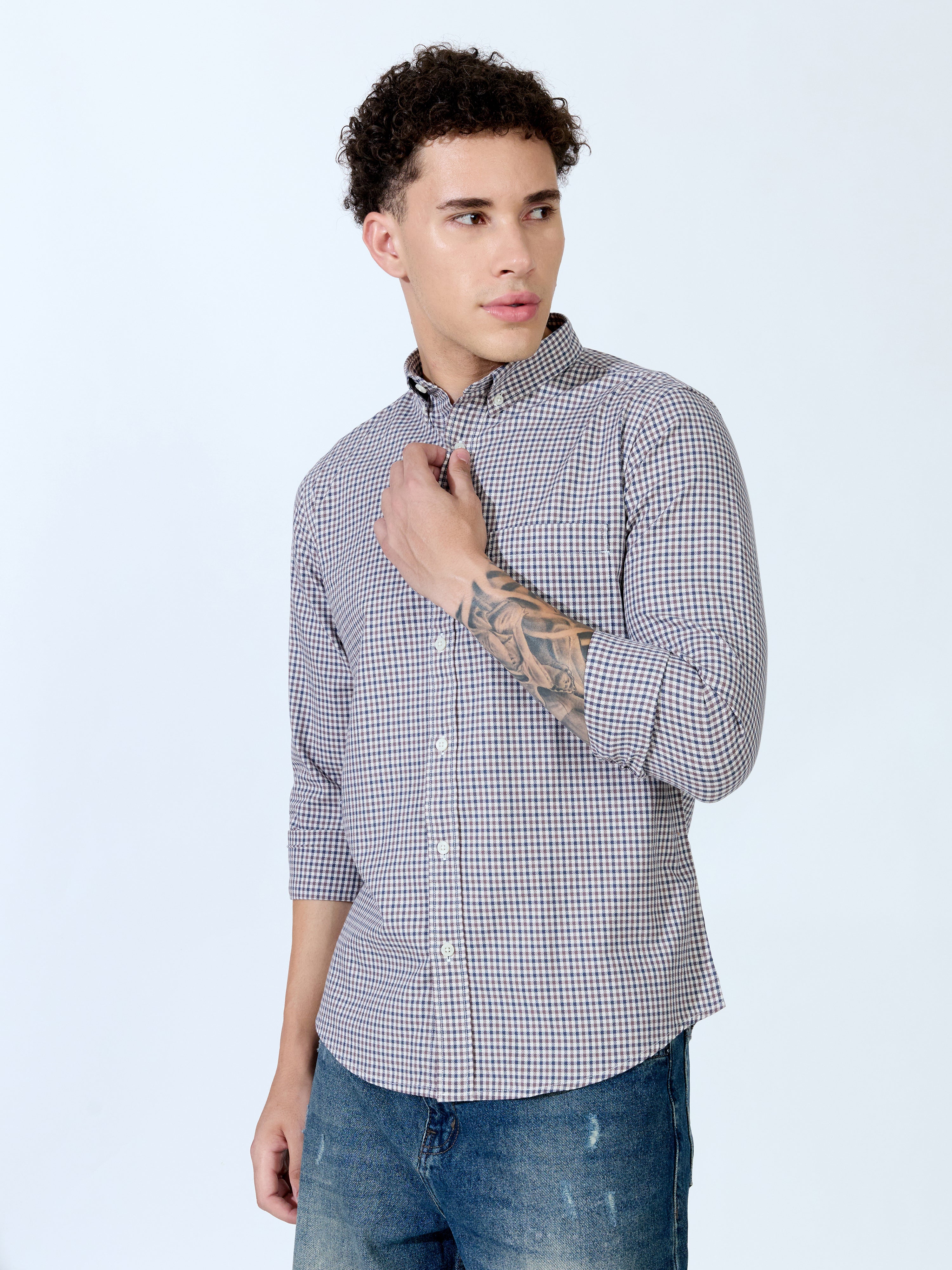 Saran - Turkish Fit Mini Checks Shirt - Brown